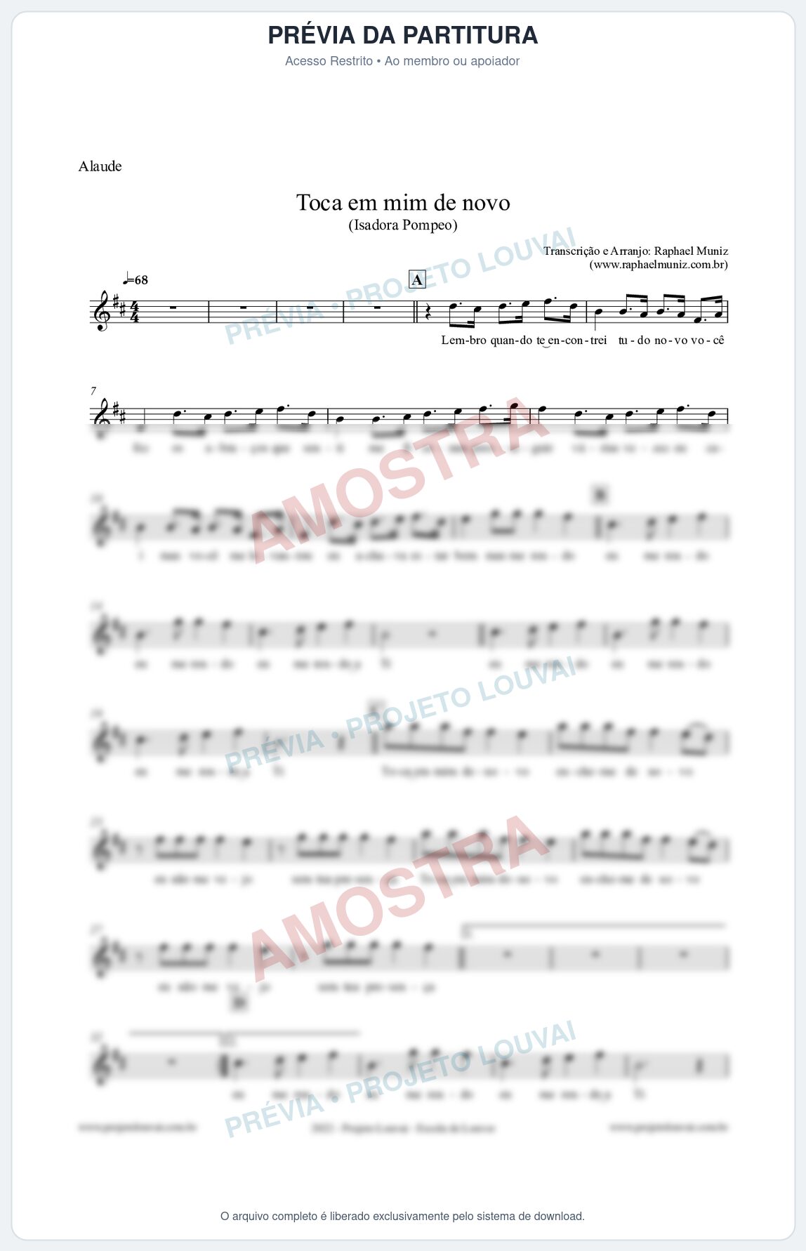 Prévia protegida da primeira página da partitura Partitura para Alaúde - Toca em mim de novo - Isadora Pompeo