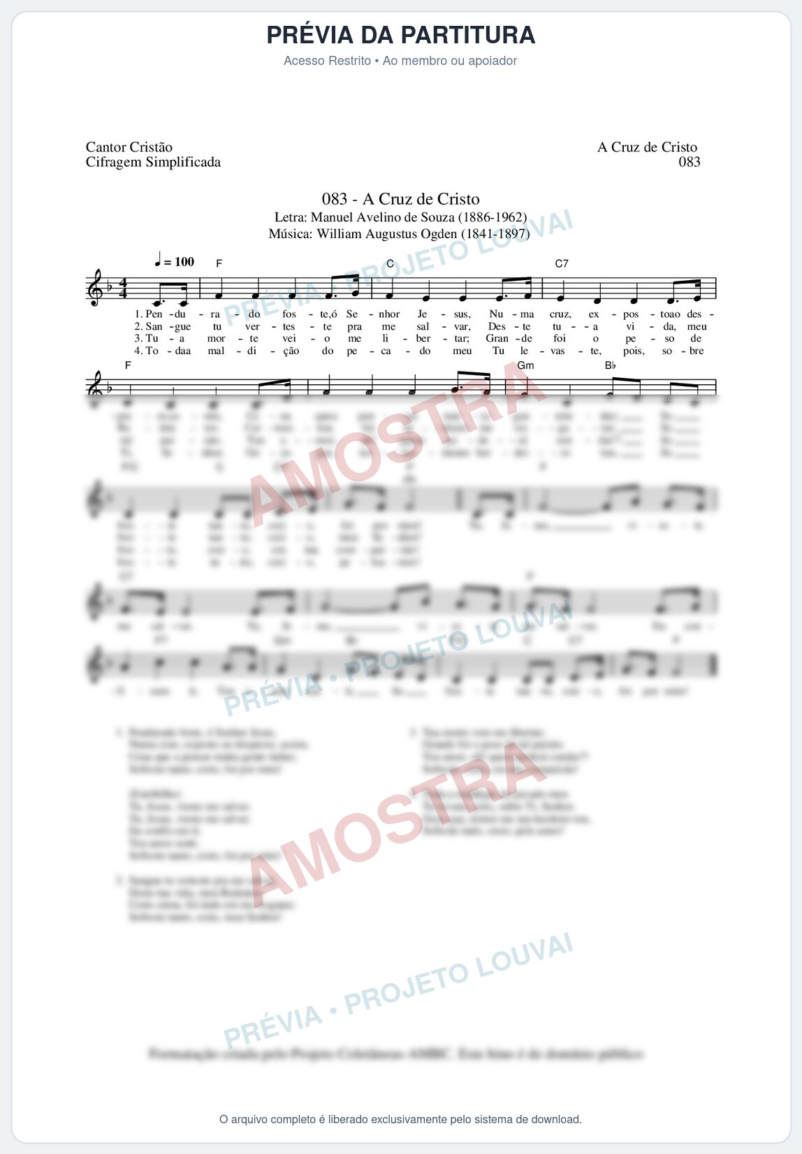 Prévia protegida da primeira página da partitura Partitura da música A Cruz de Cristo (Cantor Cristão nº83) - Cantor Cristão - Tom F