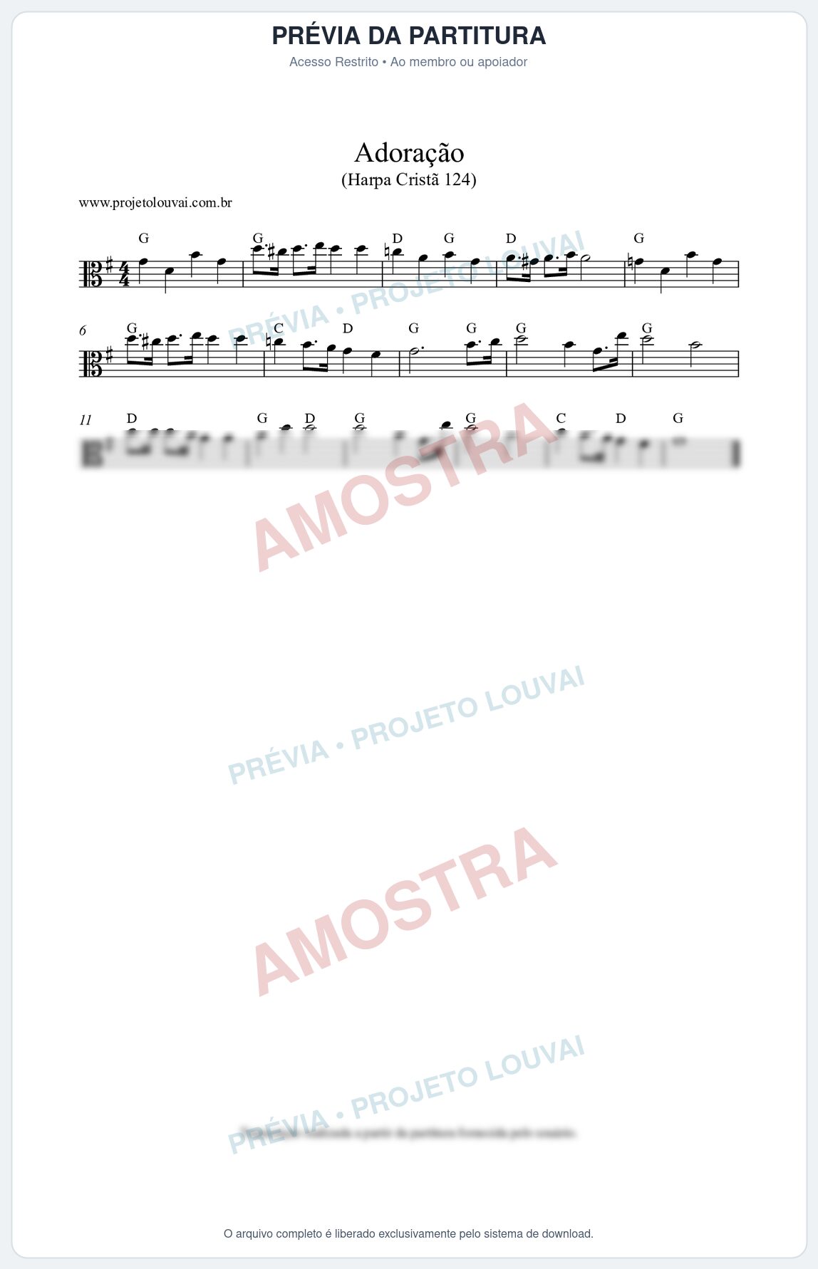 Prévia protegida da primeira página da partitura Partitura da música Adoração (Harpa Cristã nº124) - Harpa Cristã - Tom G