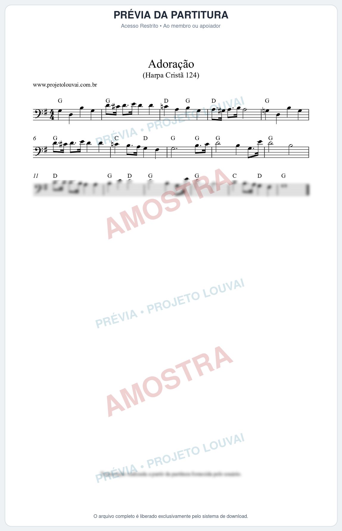 Prévia protegida da primeira página da partitura Partitura da música Adoração (Harpa Cristã nº124) - Harpa Cristã - Tom G