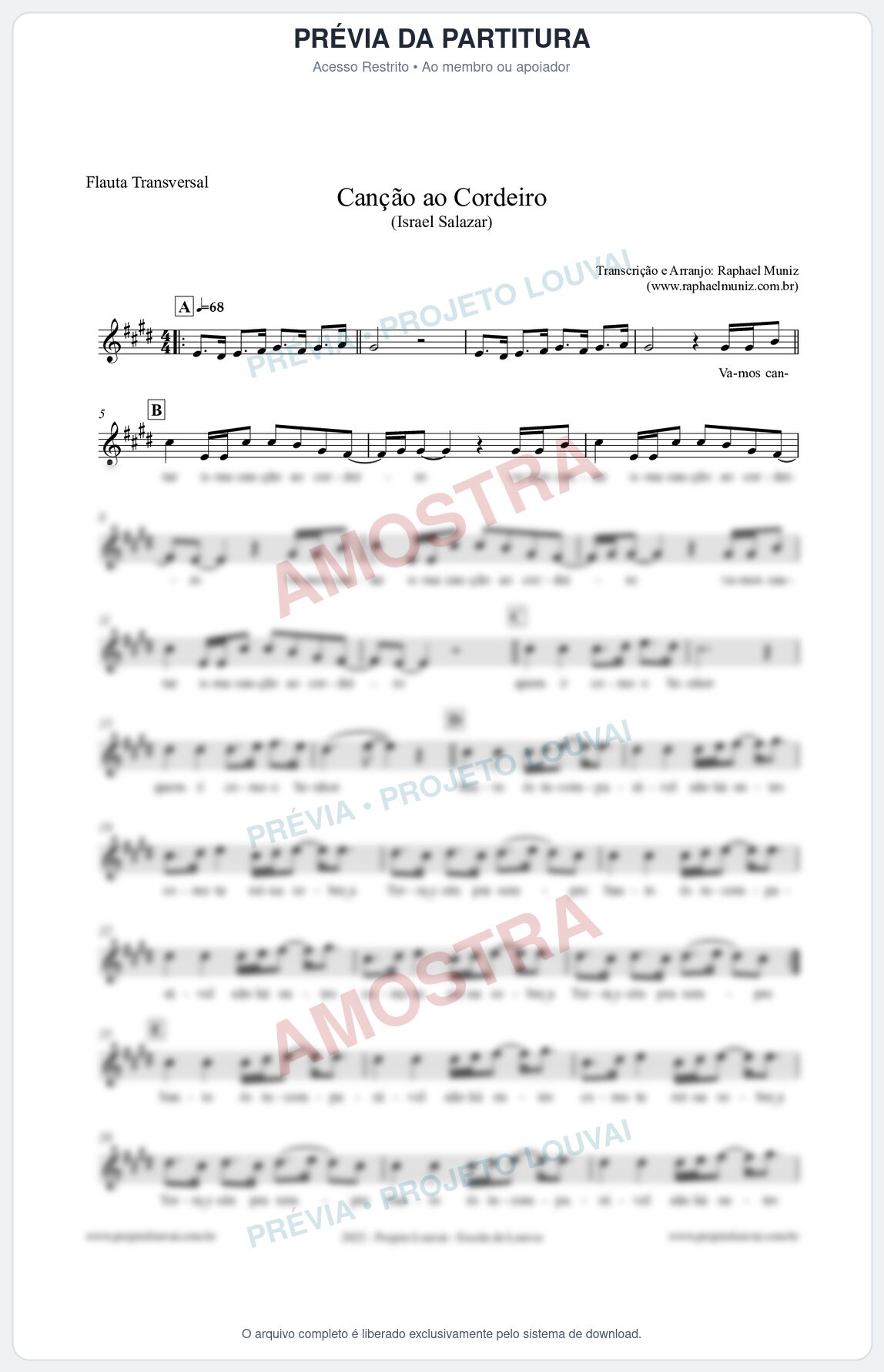 Prévia protegida da primeira página da partitura Partitura para Flauta Transversal - Canção ao Cordeiro - Israel Salazar