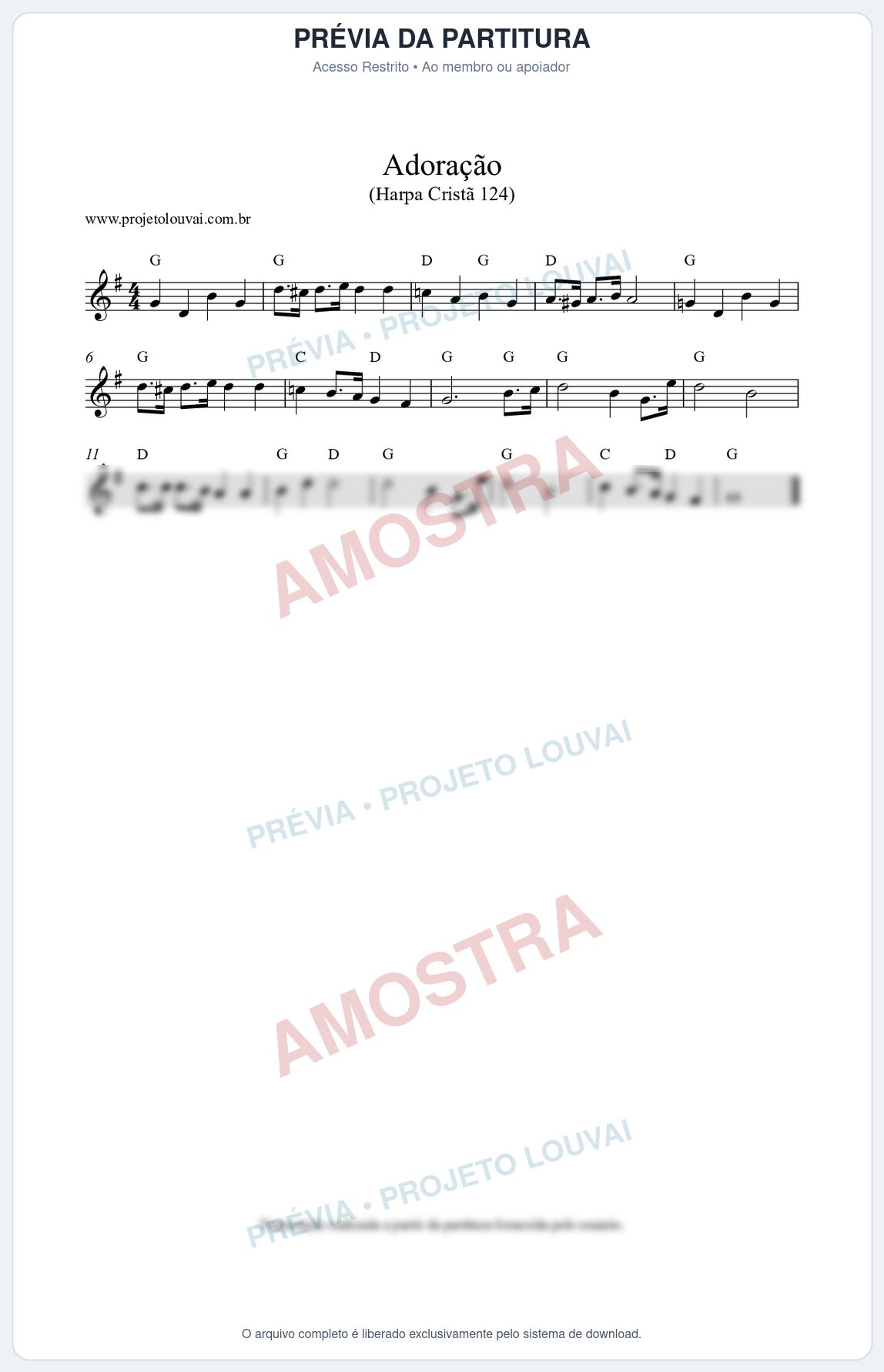 Prévia protegida da primeira página da partitura Partitura da música Adoração (Harpa Cristã nº124) - Harpa Cristã - Tom G
