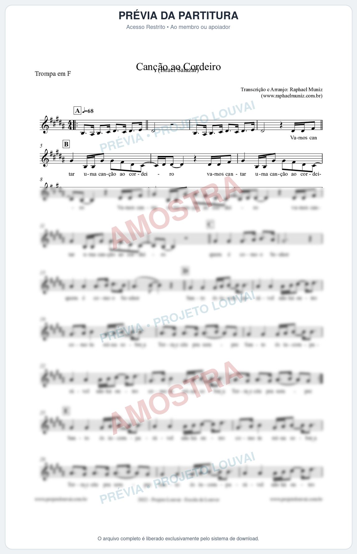 Prévia protegida da primeira página da partitura Partitura para Trompa em F - Canção ao Cordeiro - Israel Salazar