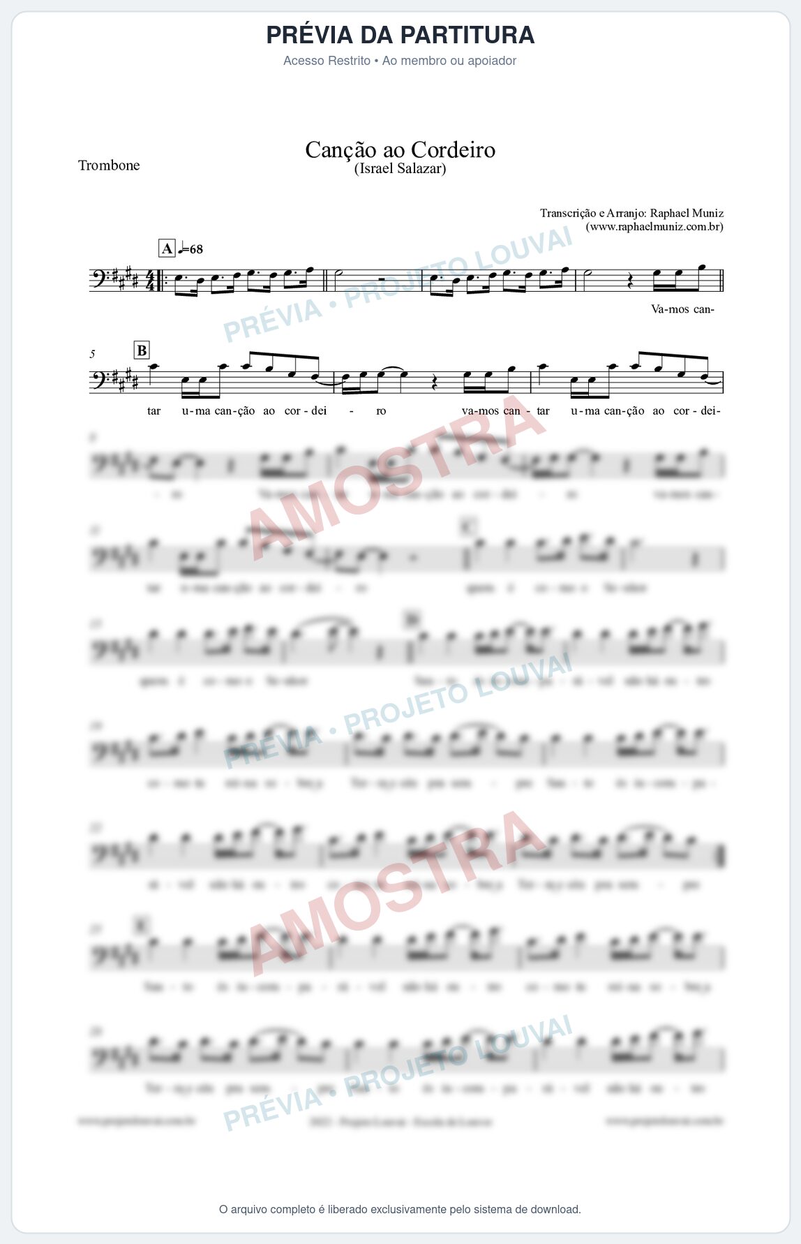 Prévia protegida da primeira página da partitura Partitura para Trombone - Canção ao Cordeiro - Israel Salazar