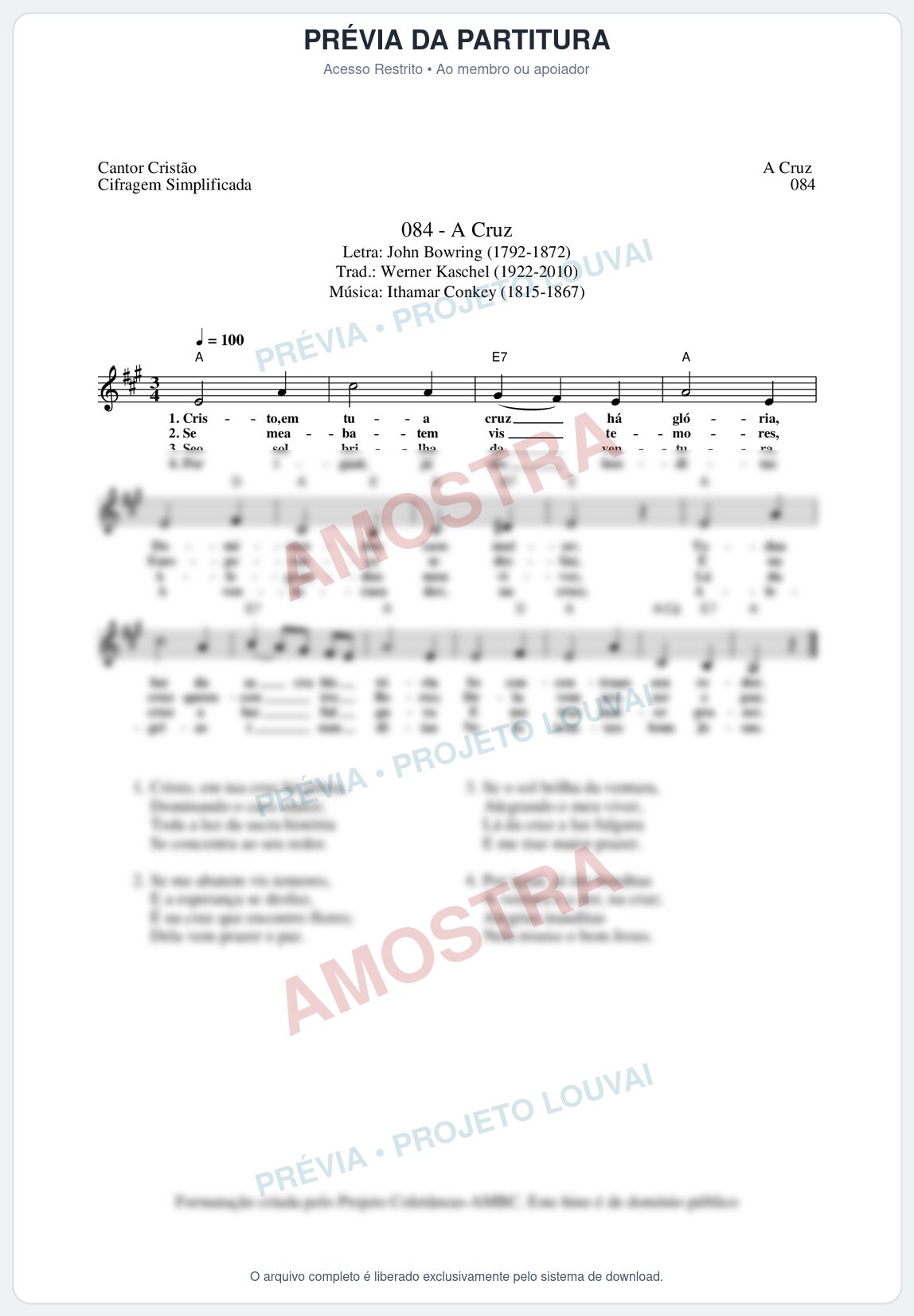 Prévia protegida da primeira página da partitura Partitura da música A Cruz (Cantor Cristão nº84) - Cantor Cristão - Tom A