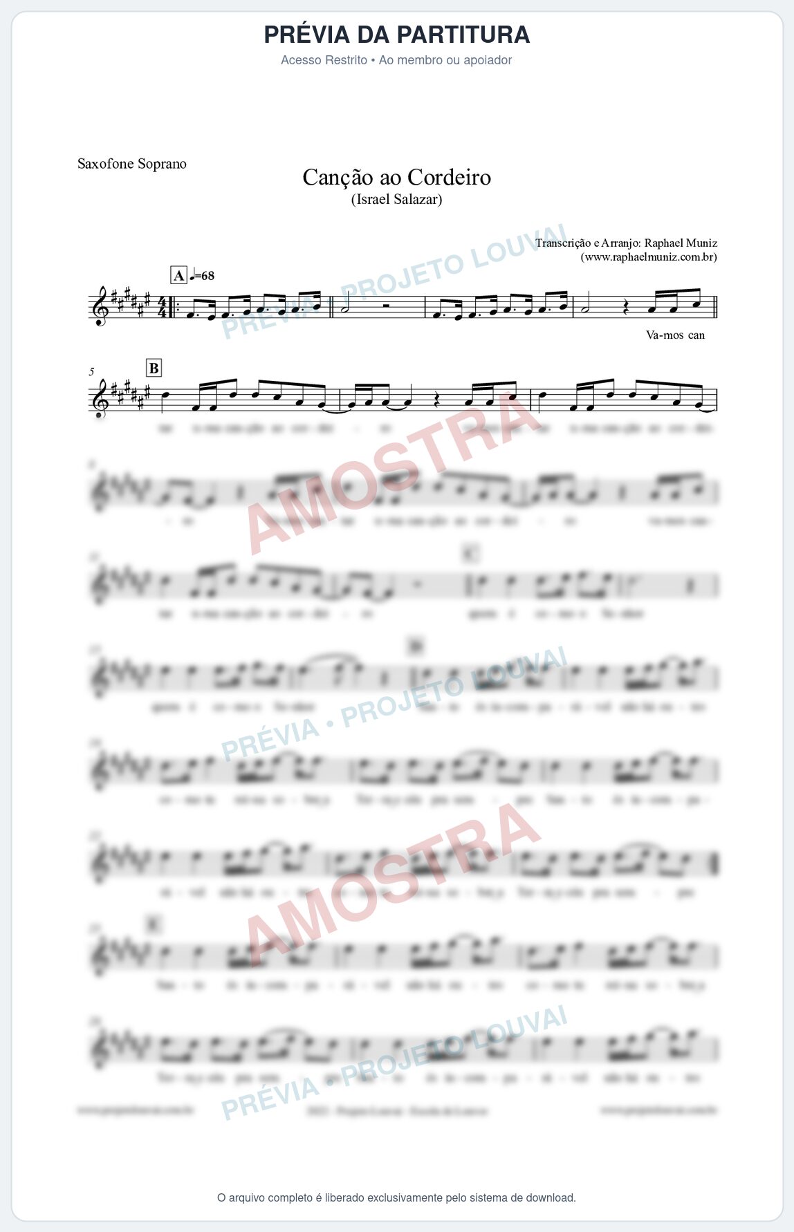 Prévia protegida da primeira página da partitura Partitura para Saxofone Soprano - Canção ao Cordeiro - Israel Salazar