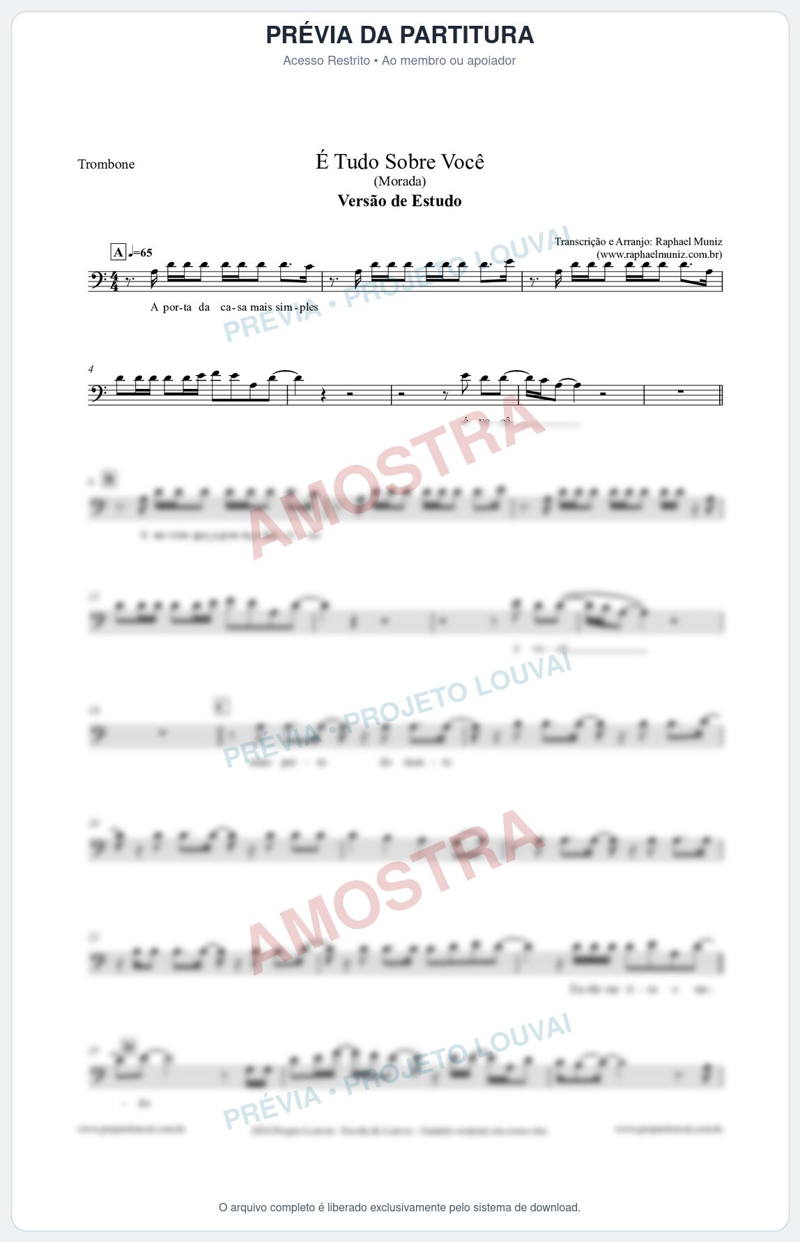 Prévia protegida da primeira página da partitura Partitura para Trombone - É Tudo Sobre Você (Versão de Estudo) - Morada