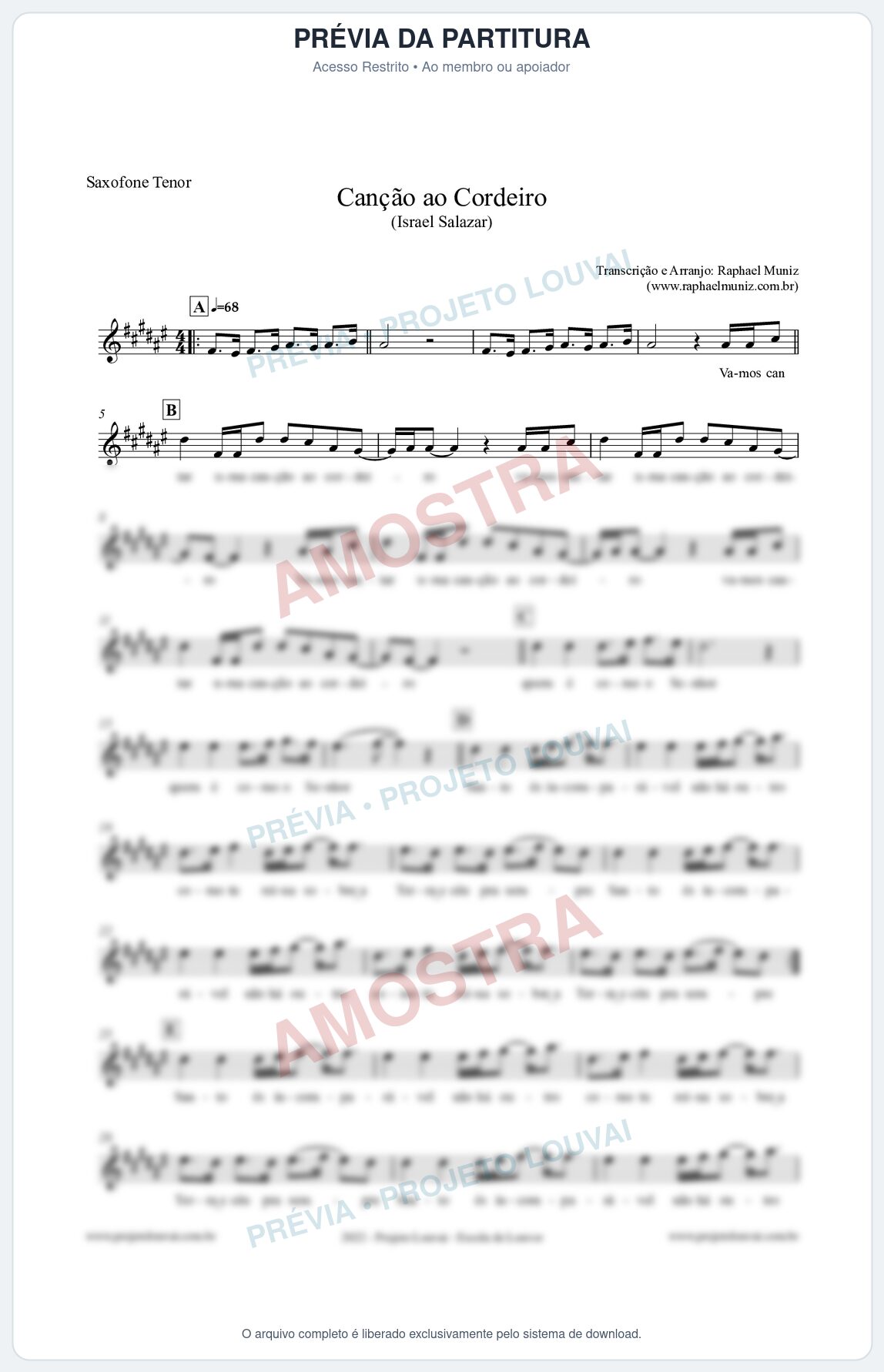 Prévia protegida da primeira página da partitura Partitura para Saxofone Tenor - Canção ao Cordeiro - Israel Salazar
