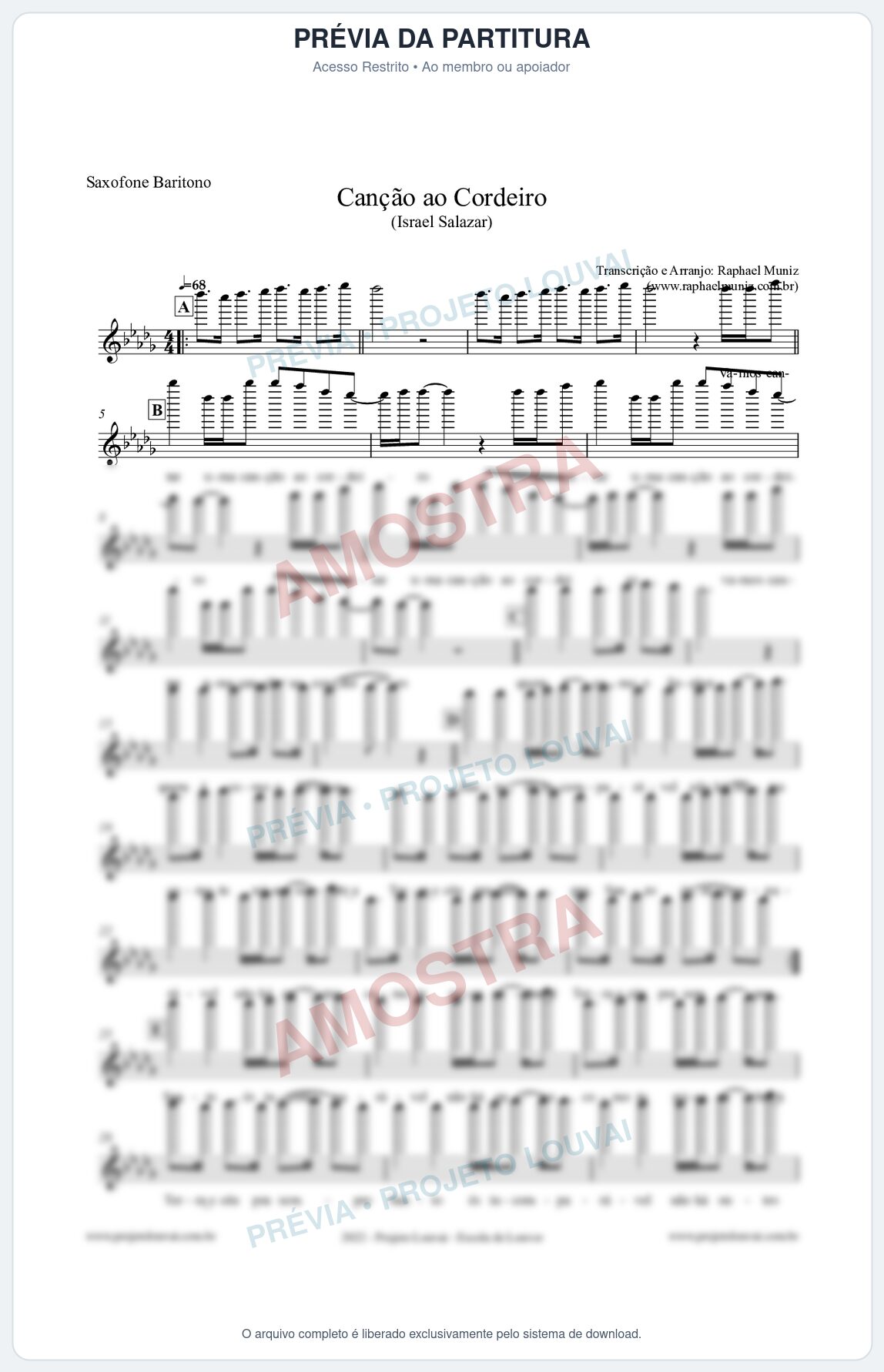 Prévia protegida da primeira página da partitura Partitura para Saxofone Barítono - Canção ao Cordeiro - Israel Salazar