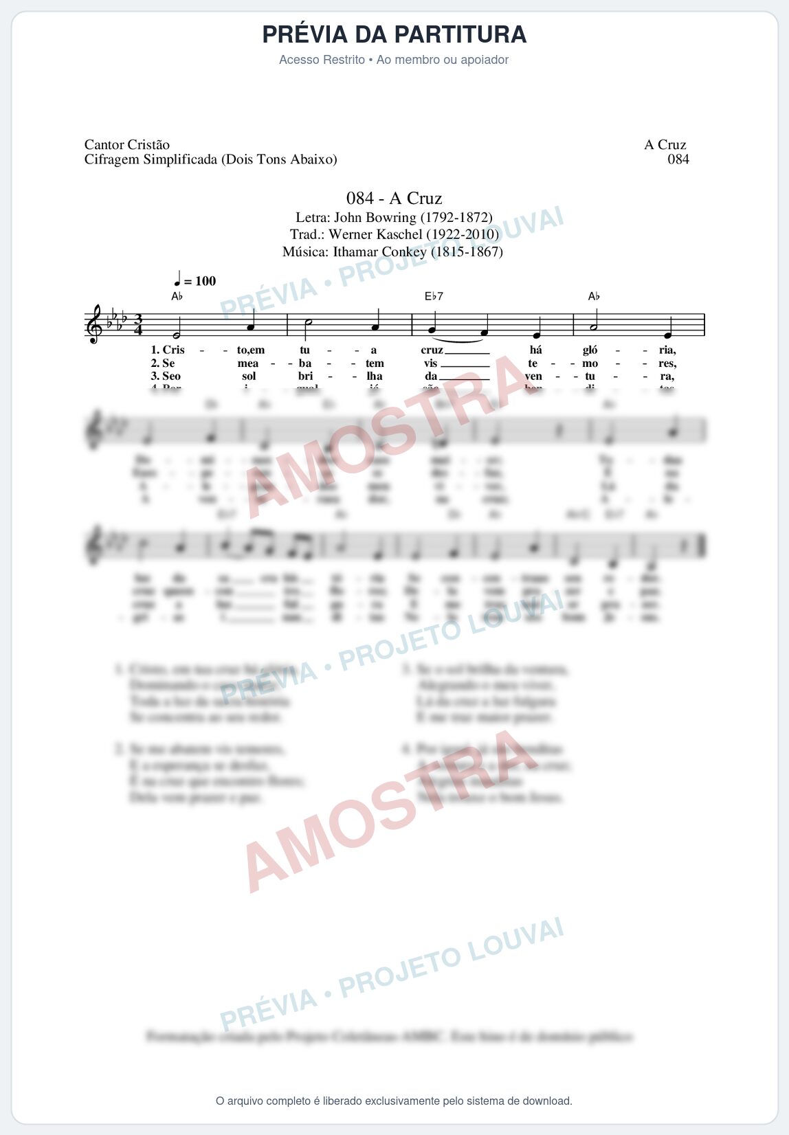 Prévia protegida da primeira página da partitura Partitura da música A Cruz (Cantor Cristão nº84) - Cantor Cristão - Tom Ab