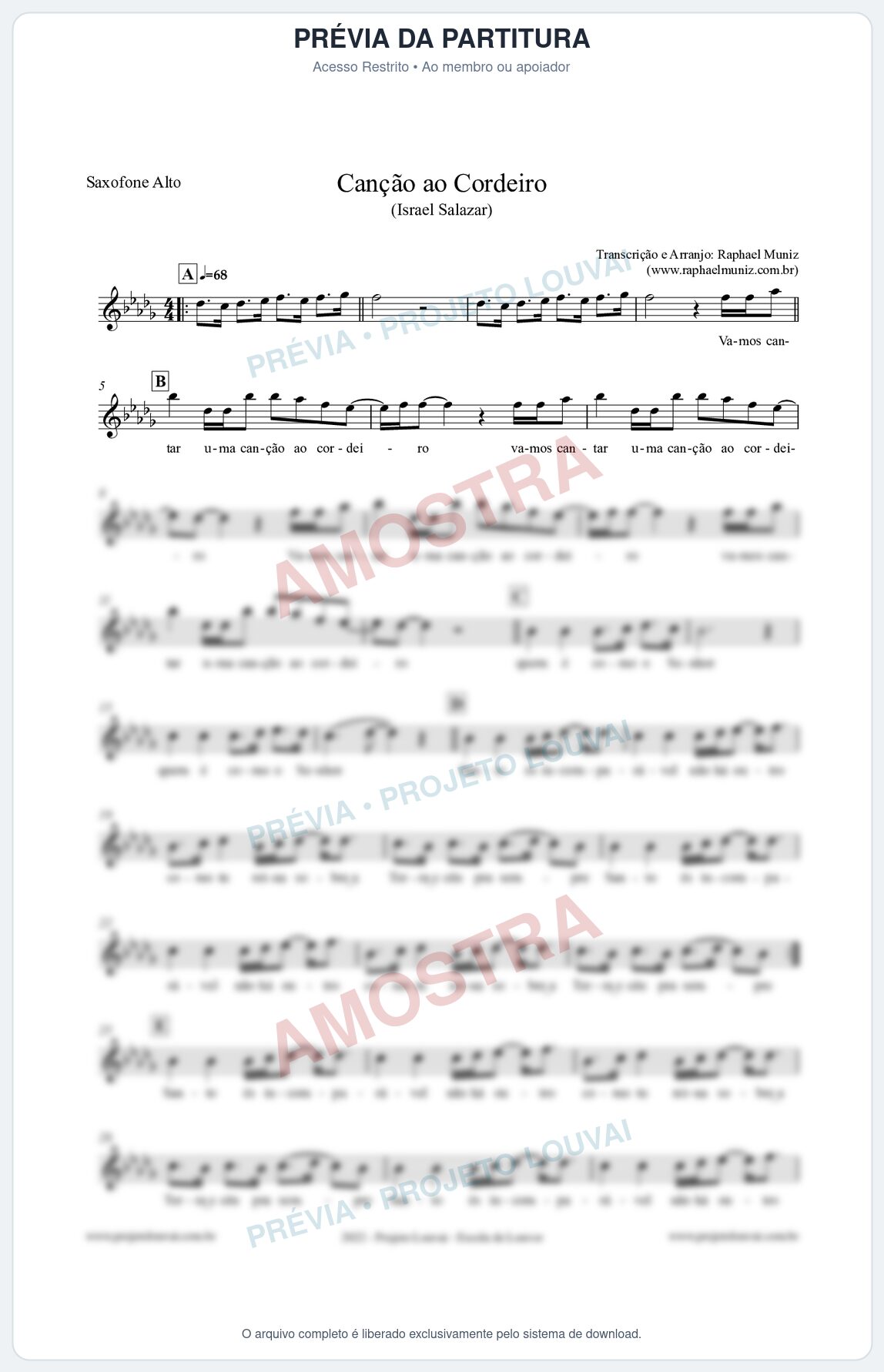 Prévia protegida da primeira página da partitura Partitura para Saxofone Alto - Canção ao Cordeiro - Israel Salazar