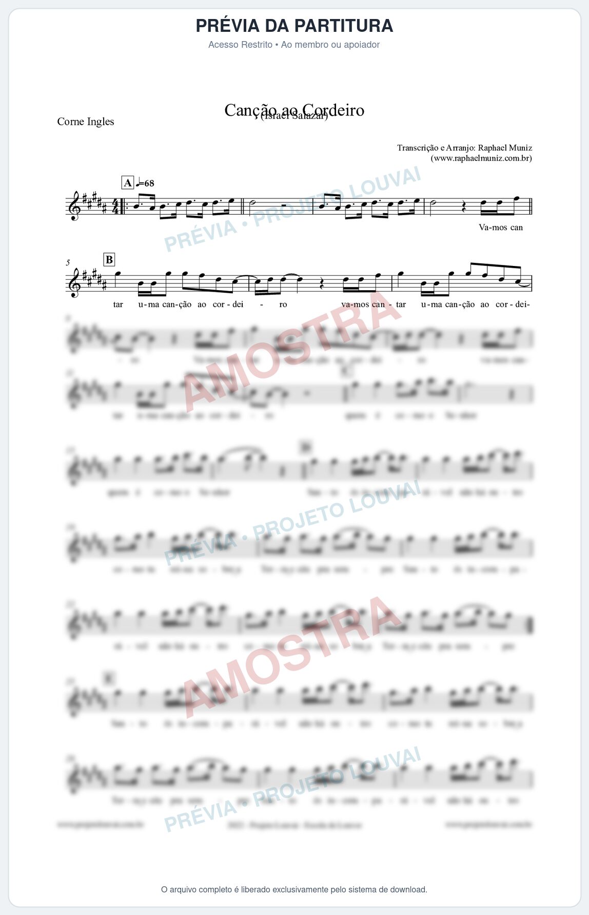 Prévia protegida da primeira página da partitura Partitura para Corne Inglês - Canção ao Cordeiro - Israel Salazar