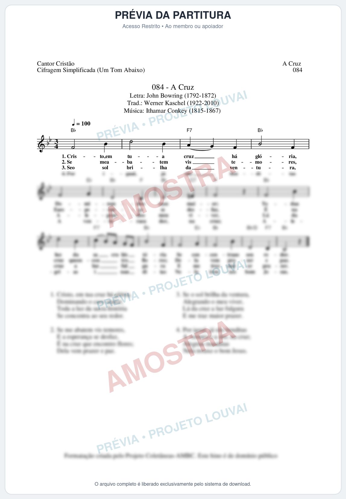 Prévia protegida da primeira página da partitura Partitura da música A Cruz (Cantor Cristão nº84) - Cantor Cristão - Tom Bb