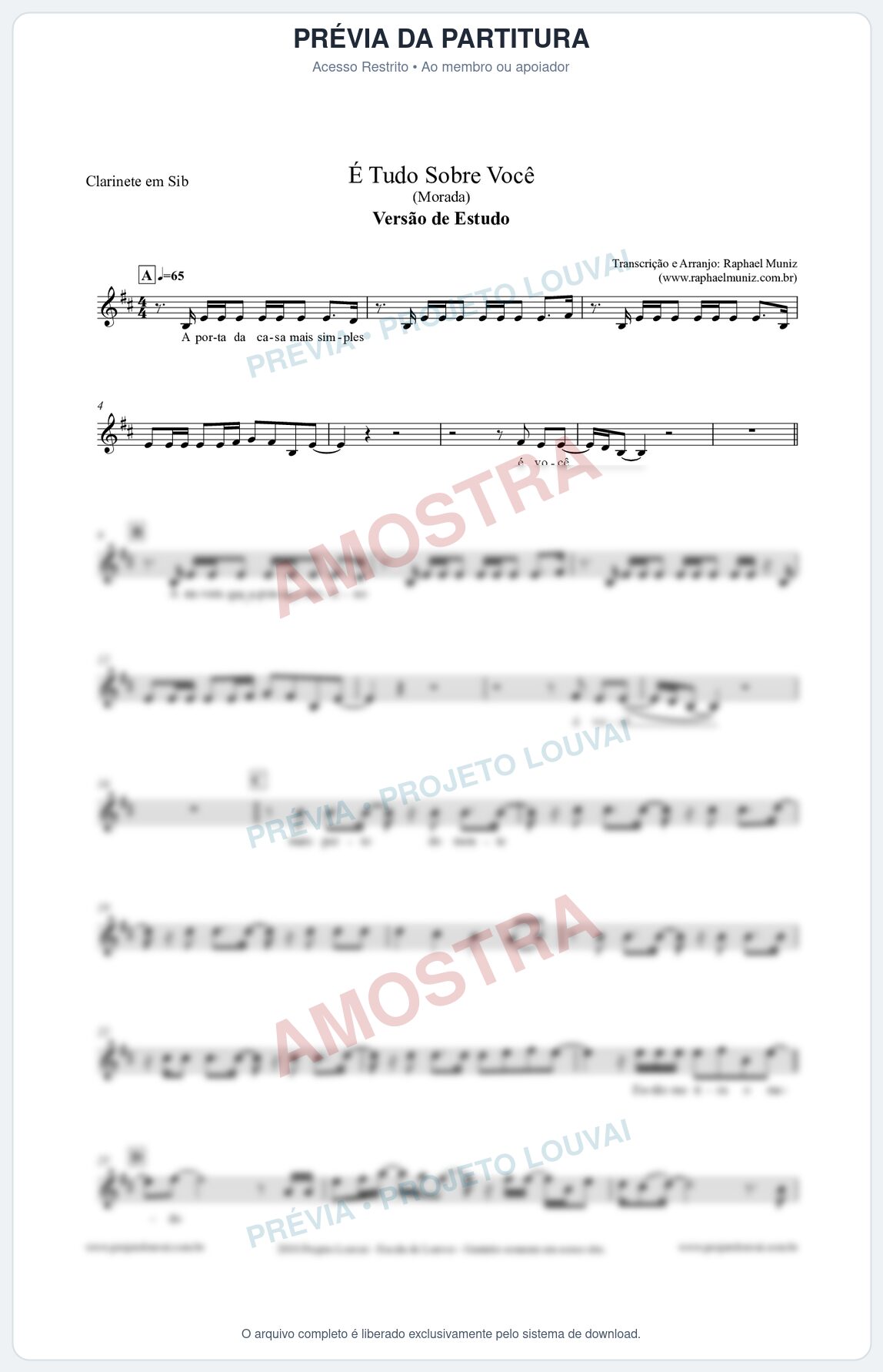 Prévia protegida da primeira página da partitura Partitura para Clarinete em Bb - É Tudo Sobre Você (Versão de Estudo) - Morada