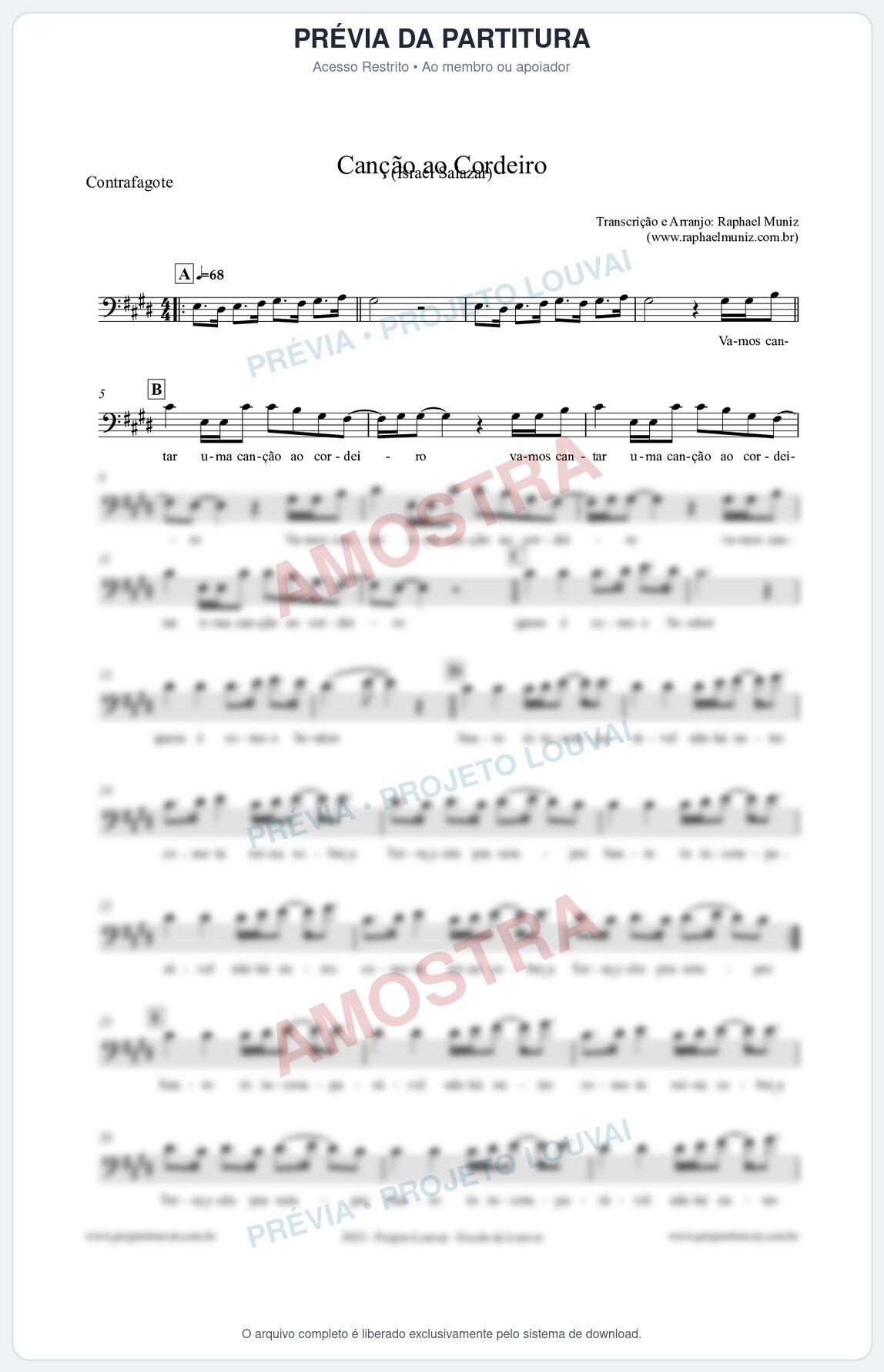 Prévia protegida da primeira página da partitura Partitura para Contrafagote - Canção ao Cordeiro - Israel Salazar