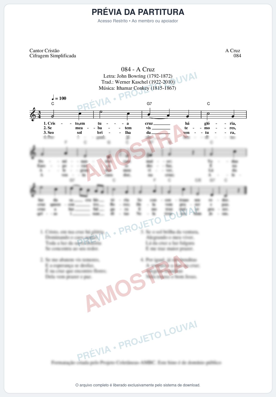 Prévia protegida da primeira página da partitura Partitura da música A Cruz (Cantor Cristão nº84) - Cantor Cristão - Tom C