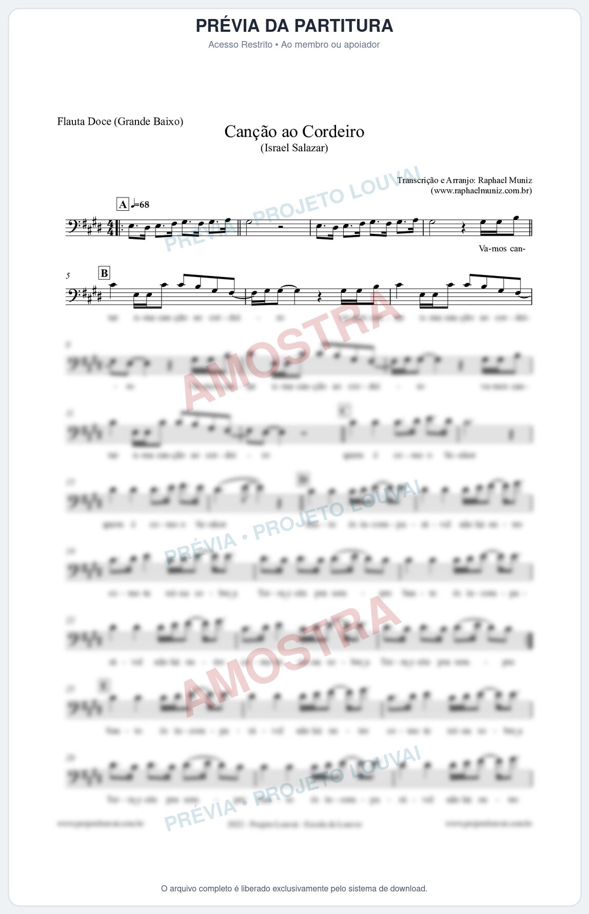 Prévia protegida da primeira página da partitura Partitura para Flauta Doce (Grande Baixo) - Canção ao Cordeiro - Israel Salazar