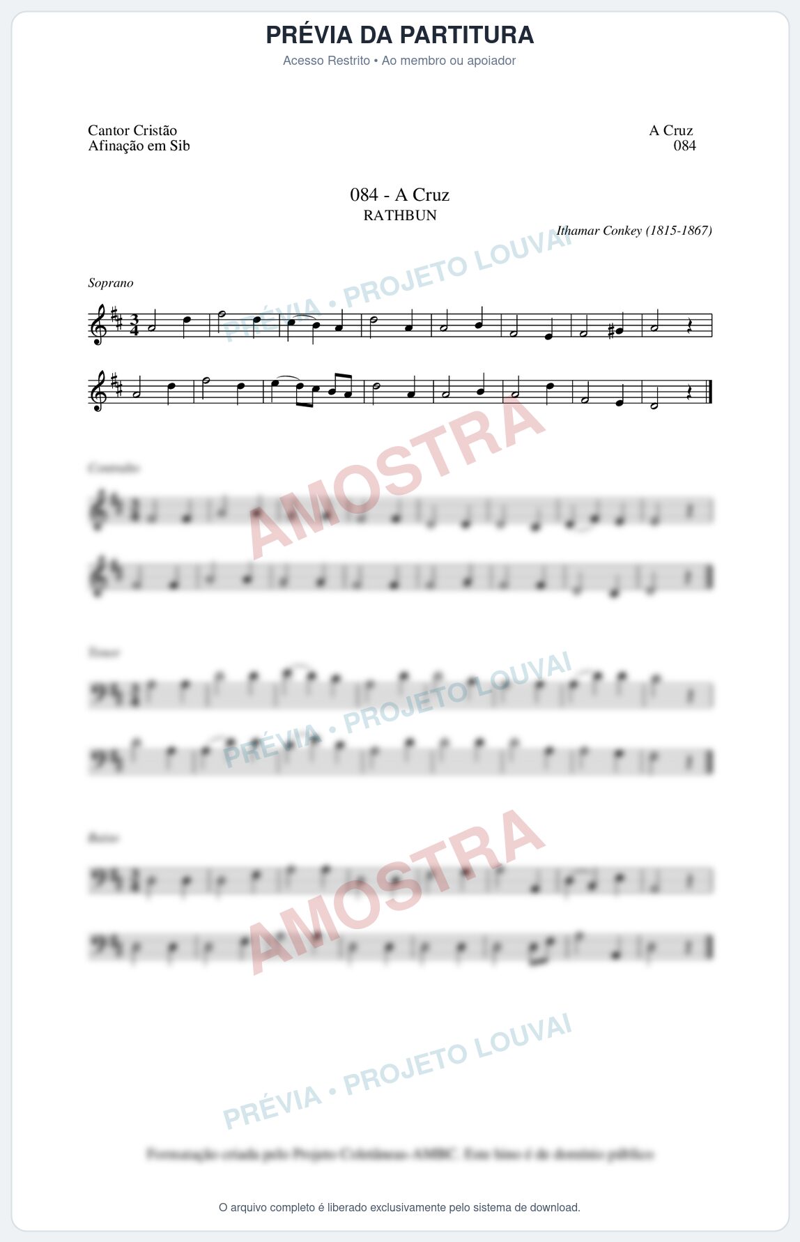 Prévia protegida da primeira página da partitura Partitura da música A Cruz (Cantor Cristão nº84) - Cantor Cristão - Tom D
