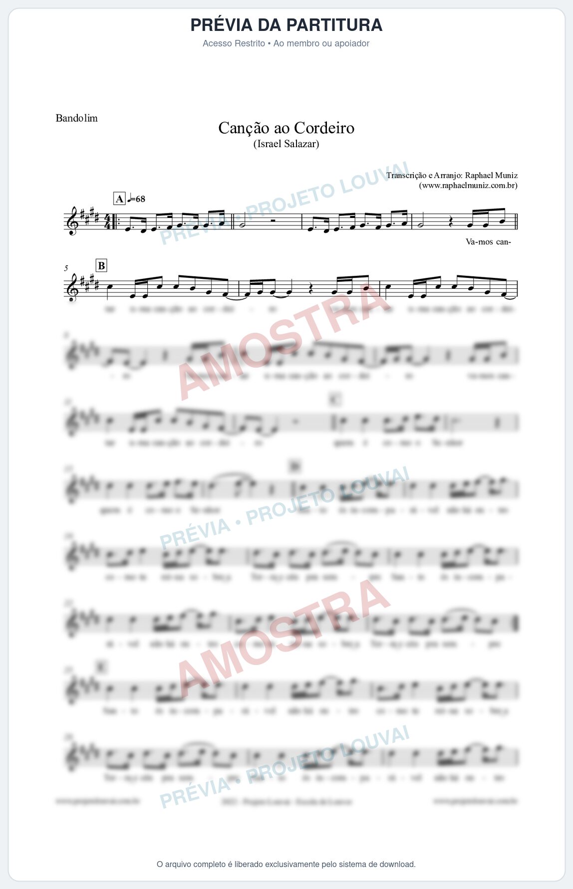 Prévia protegida da primeira página da partitura Partitura para Bandolim - Canção ao Cordeiro - Israel Salazar