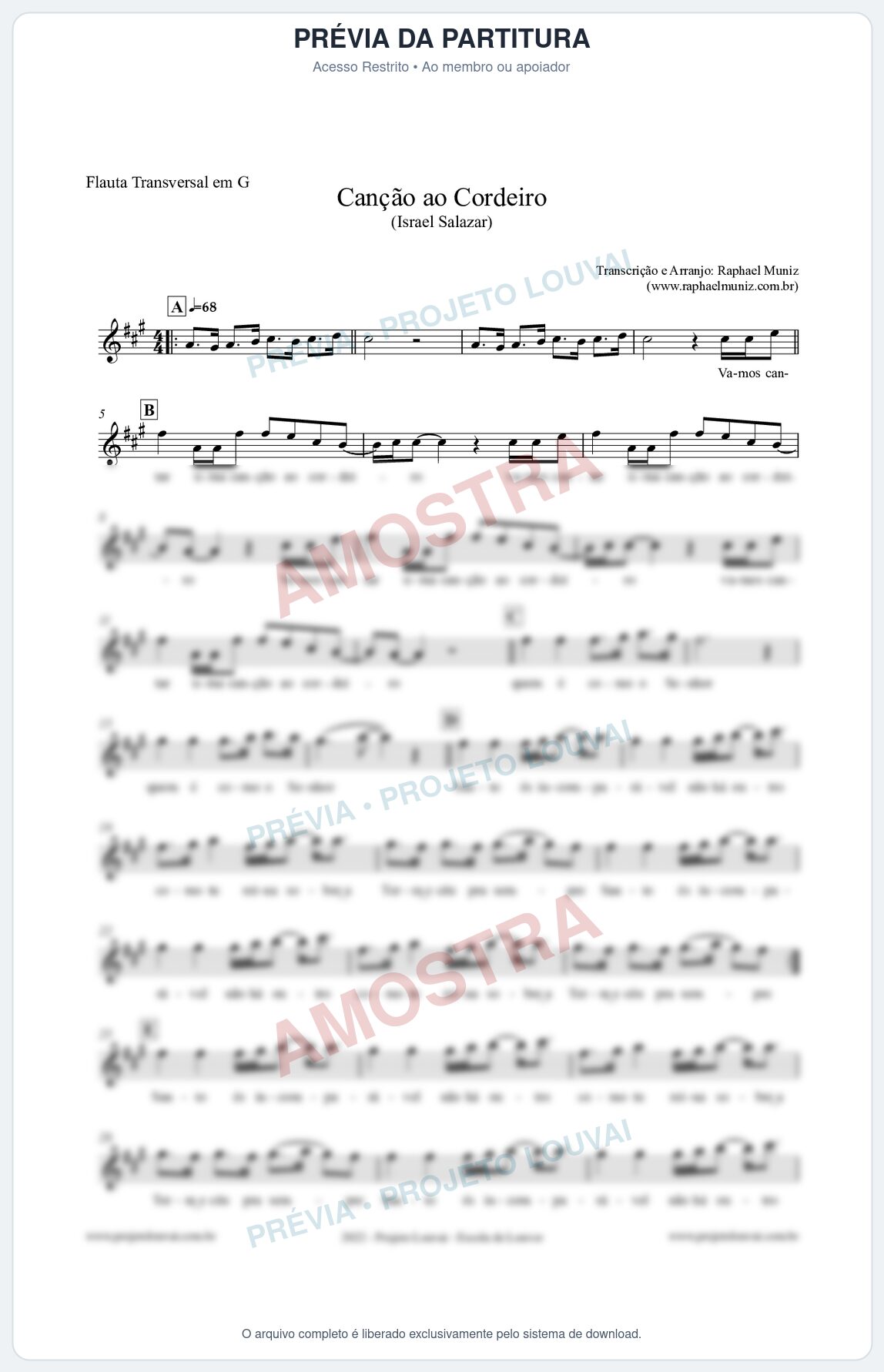 Prévia protegida da primeira página da partitura Partitura para Flauta Transversal em G - Canção ao Cordeiro - Israel Salazar