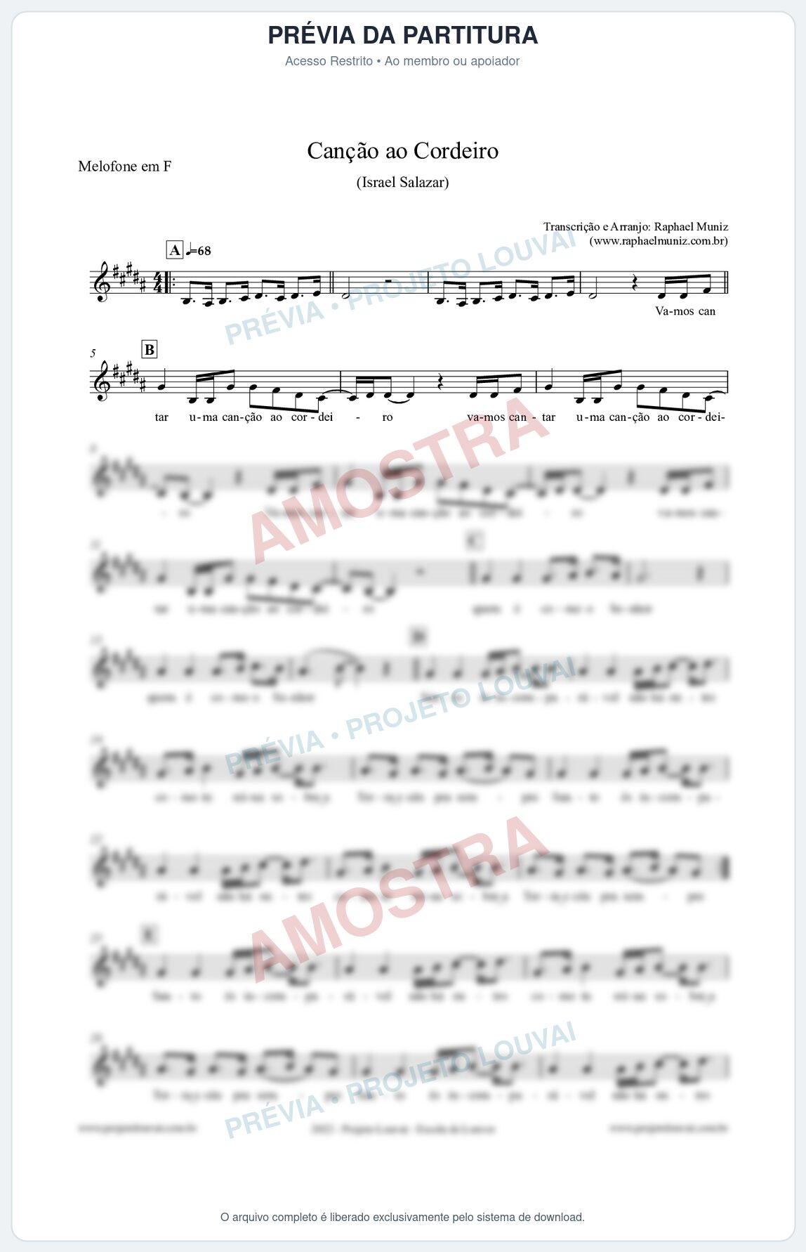 Prévia protegida da primeira página da partitura Partitura para Melofone em F - Canção ao Cordeiro - Israel Salazar