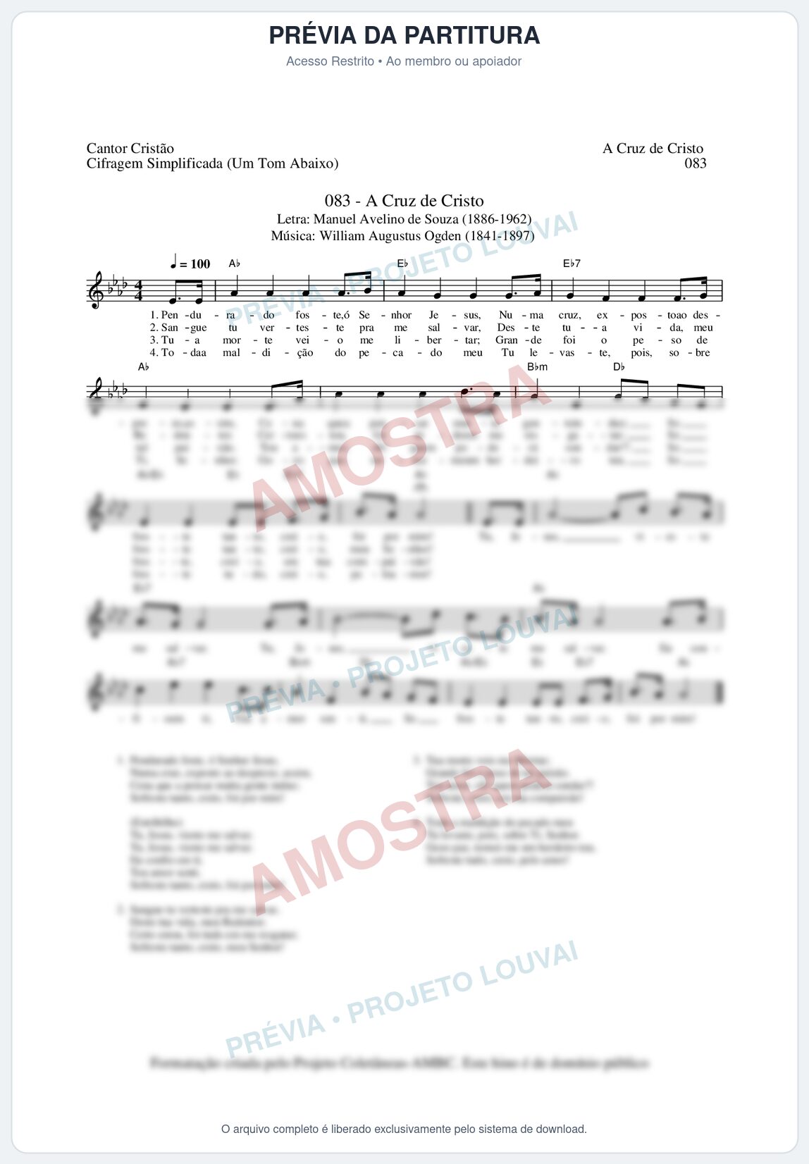 Prévia protegida da primeira página da partitura Partitura da música A Cruz de Cristo (Cantor Cristão nº83) - Cantor Cristão - Tom Ab
