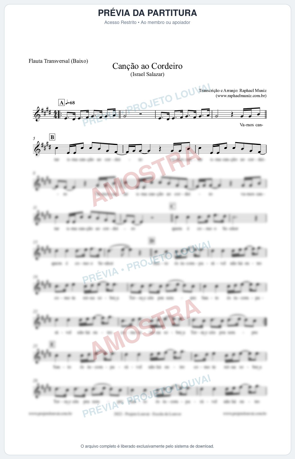 Prévia protegida da primeira página da partitura Partitura para Flauta Transversal (Baixo) - Canção ao Cordeiro - Israel Salazar