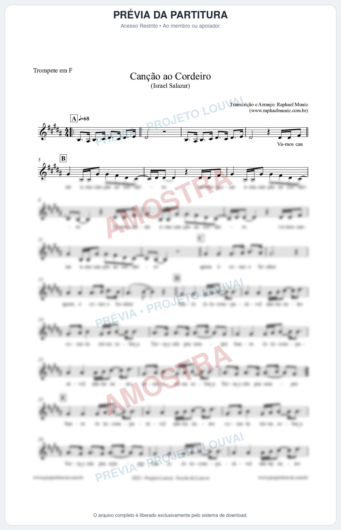 Prévia protegida da primeira página da partitura Partitura para Trompete em F - Canção ao Cordeiro - Israel Salazar