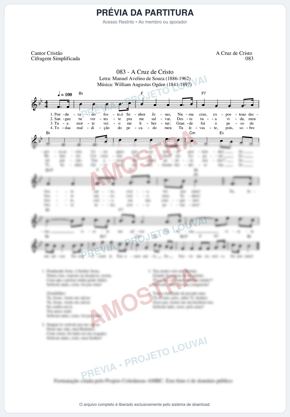 Prévia protegida da primeira página da partitura Partitura da música A Cruz de Cristo (Cantor Cristão nº83) - Cantor Cristão - Tom Bb