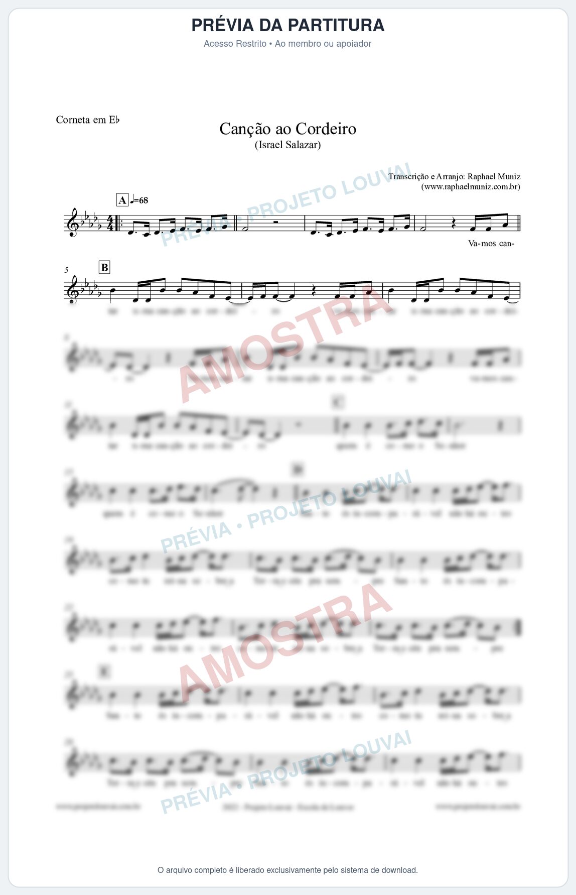 Prévia protegida da primeira página da partitura Partitura para Corneta em Eb - Canção ao Cordeiro - Israel Salazar