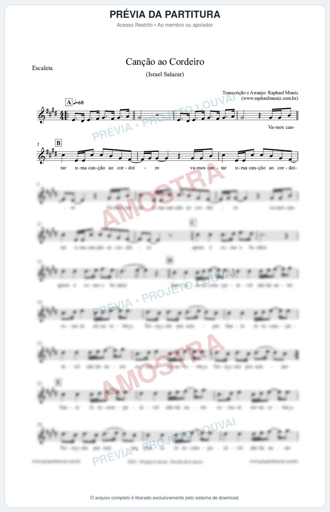 Prévia protegida da primeira página da partitura Partitura para Escaleta - Canção ao Cordeiro - Israel Salazar