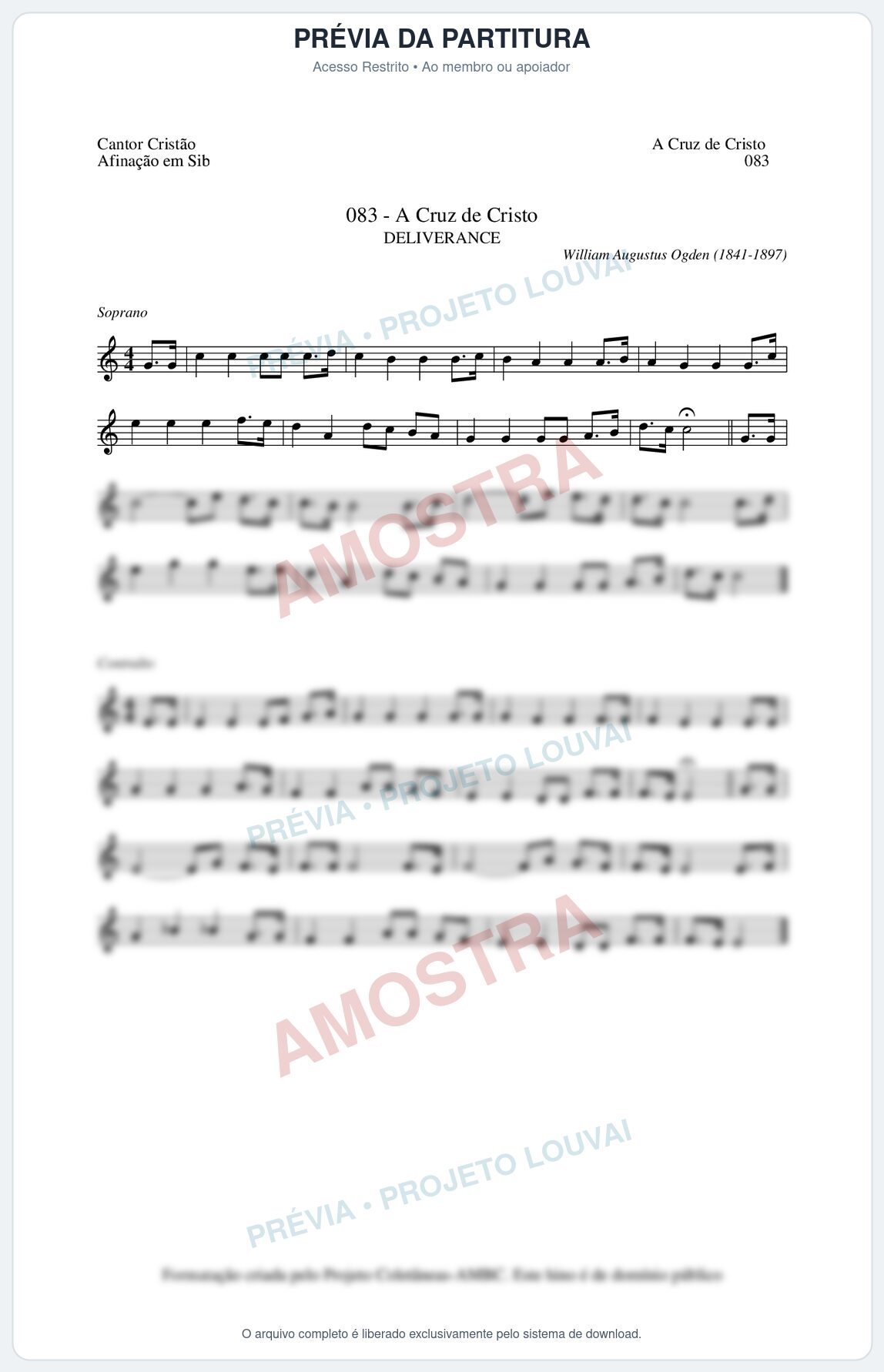 Prévia protegida da primeira página da partitura Partitura da música A Cruz de Cristo (Cantor Cristão nº83) - Cantor Cristão - Tom C