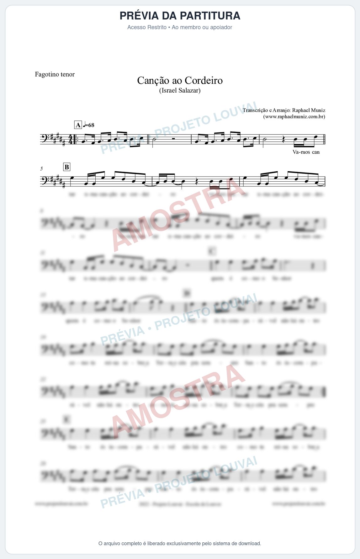 Prévia protegida da primeira página da partitura Partitura para Fagotino tenor - Canção ao Cordeiro - Israel Salazar
