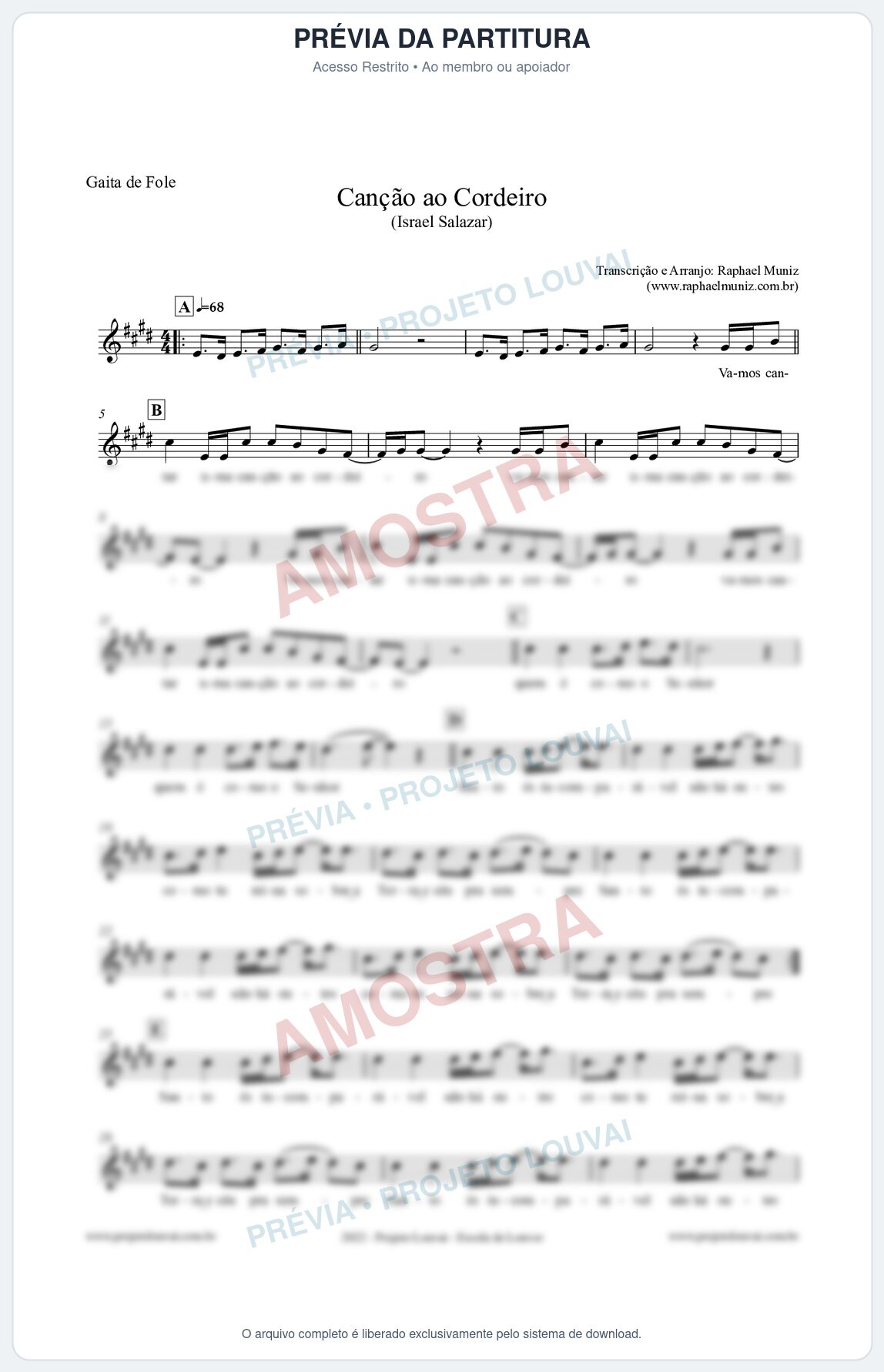 Prévia protegida da primeira página da partitura Partitura para Gaita de Fole - Canção ao Cordeiro - Israel Salazar