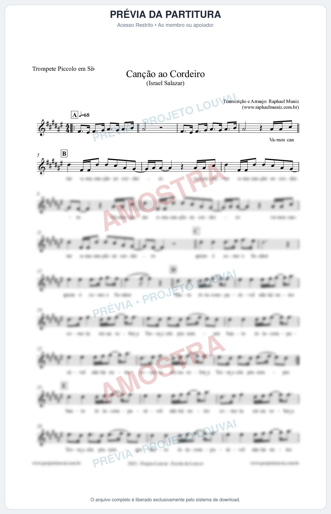 Prévia protegida da primeira página da partitura Partitura para Trompete Piccolo em Sib - Canção ao Cordeiro - Israel Salazar