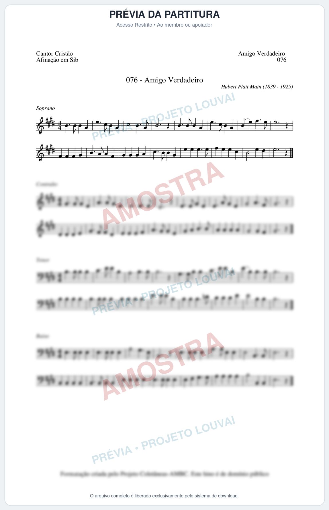 Prévia protegida da primeira página da partitura Partitura da música Amigo Verdadeiro (Cantor Cristão nº76) - Cantor Cristão - Tom E