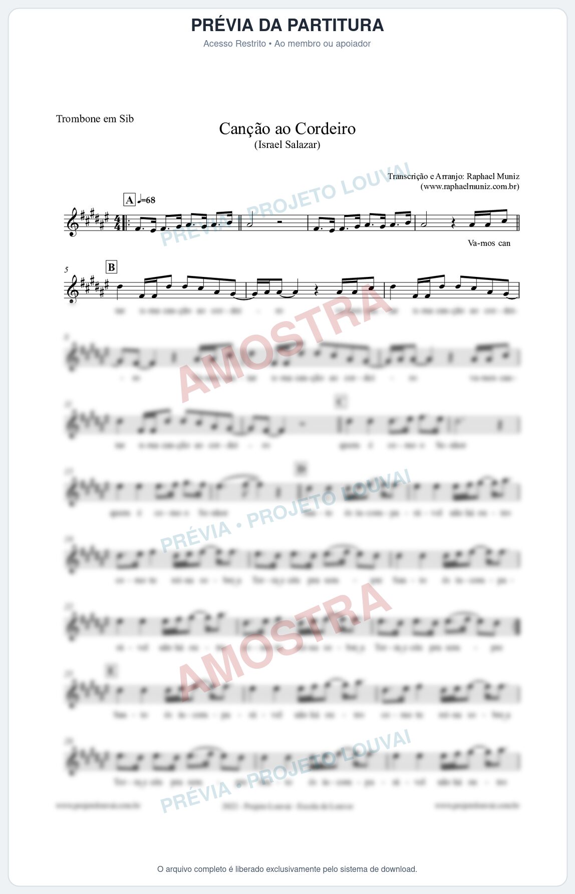 Prévia protegida da primeira página da partitura Partitura para Trombone em Sib - Canção ao Cordeiro - Israel Salazar