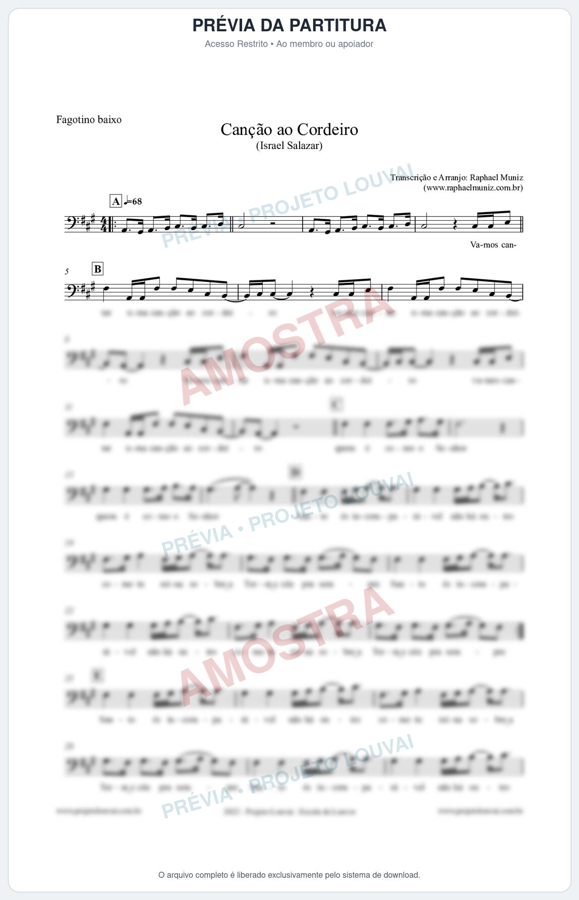 Prévia protegida da primeira página da partitura Partitura para Fagotino baixo - Canção ao Cordeiro - Israel Salazar