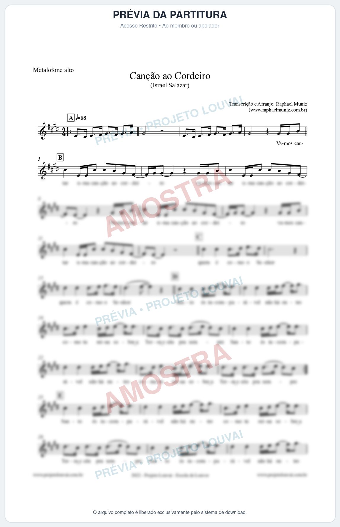 Prévia protegida da primeira página da partitura Partitura para Metalofone alto - Canção ao Cordeiro - Israel Salazar