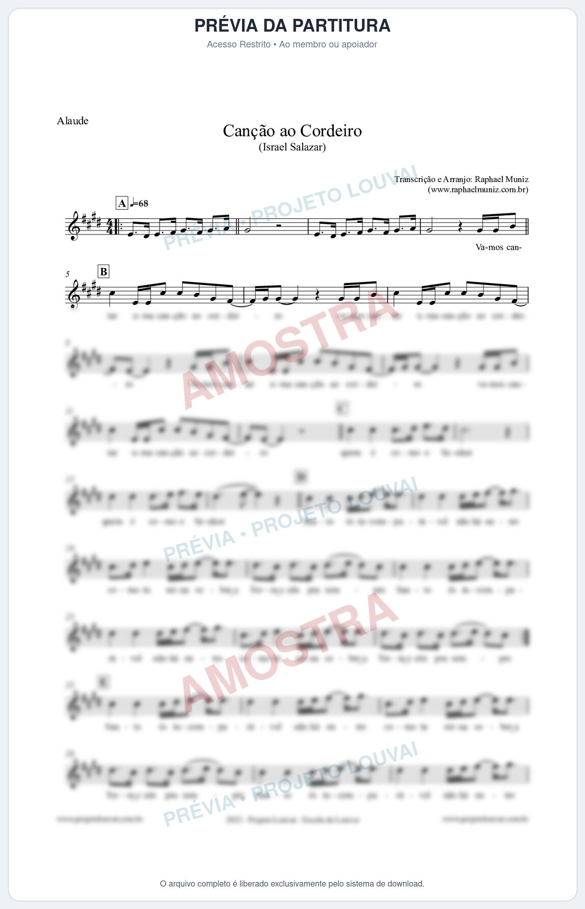 Prévia protegida da primeira página da partitura Partitura para Alaúde - Canção ao Cordeiro - Israel Salazar