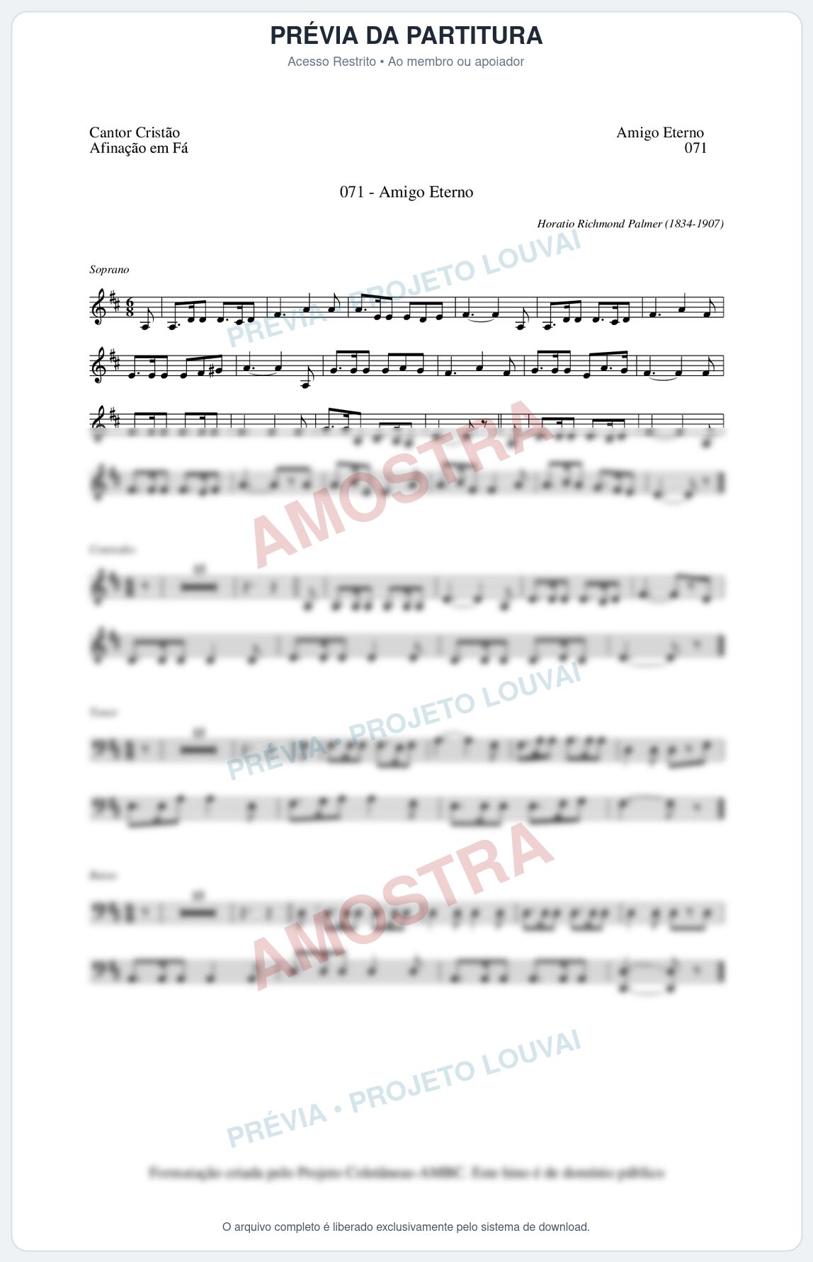 Prévia protegida da primeira página da partitura Partitura da música Amigo Eterno (Cantor Cristão nº71) - Cantor Cristão - Tom D