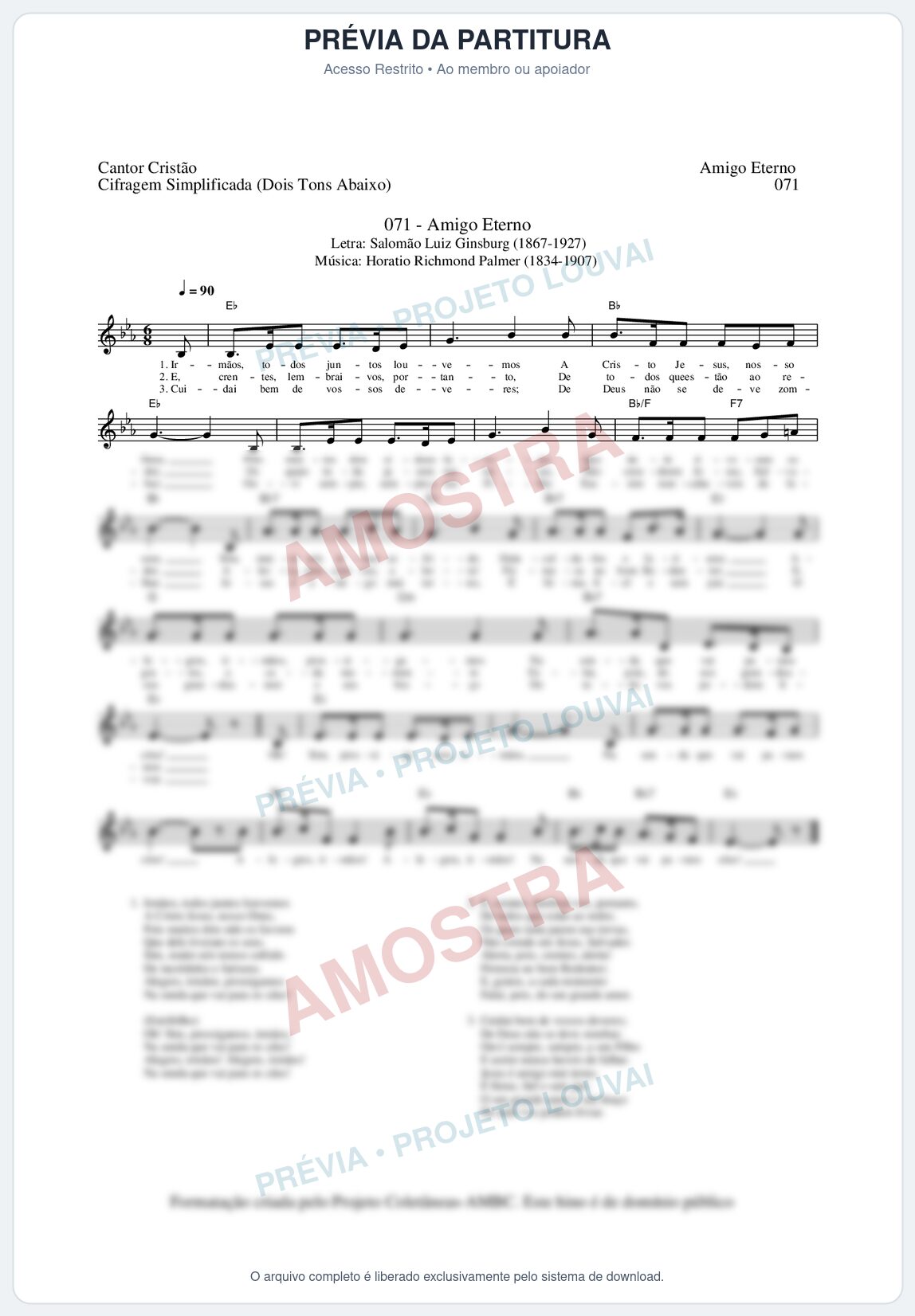 Prévia protegida da primeira página da partitura Partitura da música Amigo Eterno (Cantor Cristão nº71) - Cantor Cristão - Tom Eb