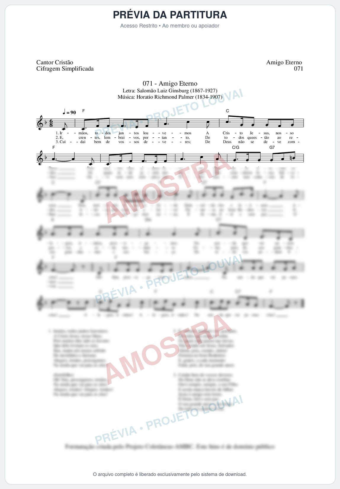 Prévia protegida da primeira página da partitura Partitura da música Amigo Eterno (Cantor Cristão nº71) - Cantor Cristão - Tom F
