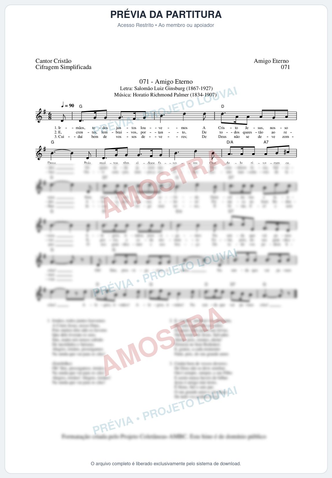 Prévia protegida da primeira página da partitura Partitura da música Amigo Eterno (Cantor Cristão nº71) - Cantor Cristão - Tom G