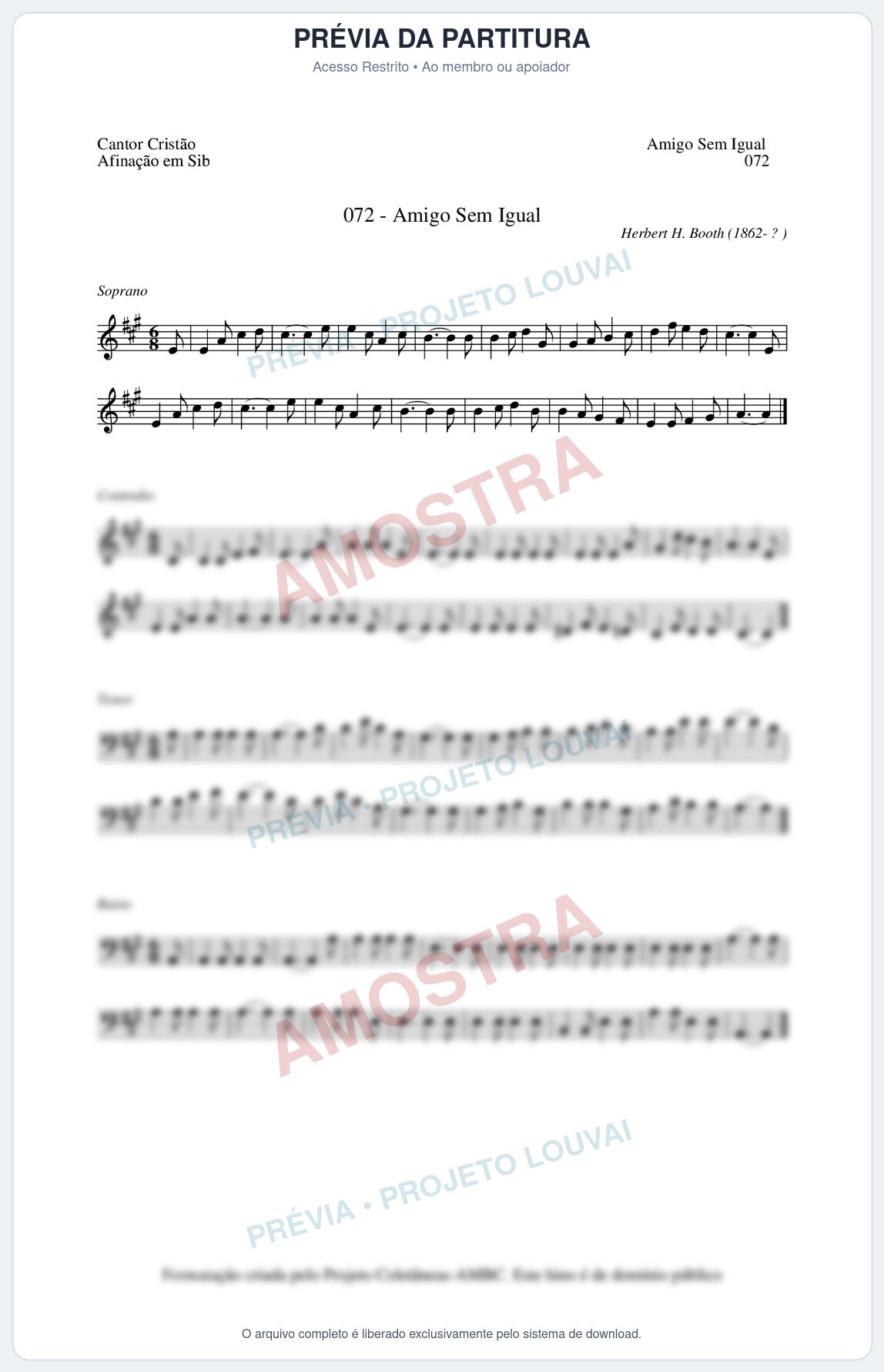 Prévia protegida da primeira página da partitura Partitura da música Amigo Sem Igual (Cantor Cristão nº72) - Cantor Cristão - Tom A