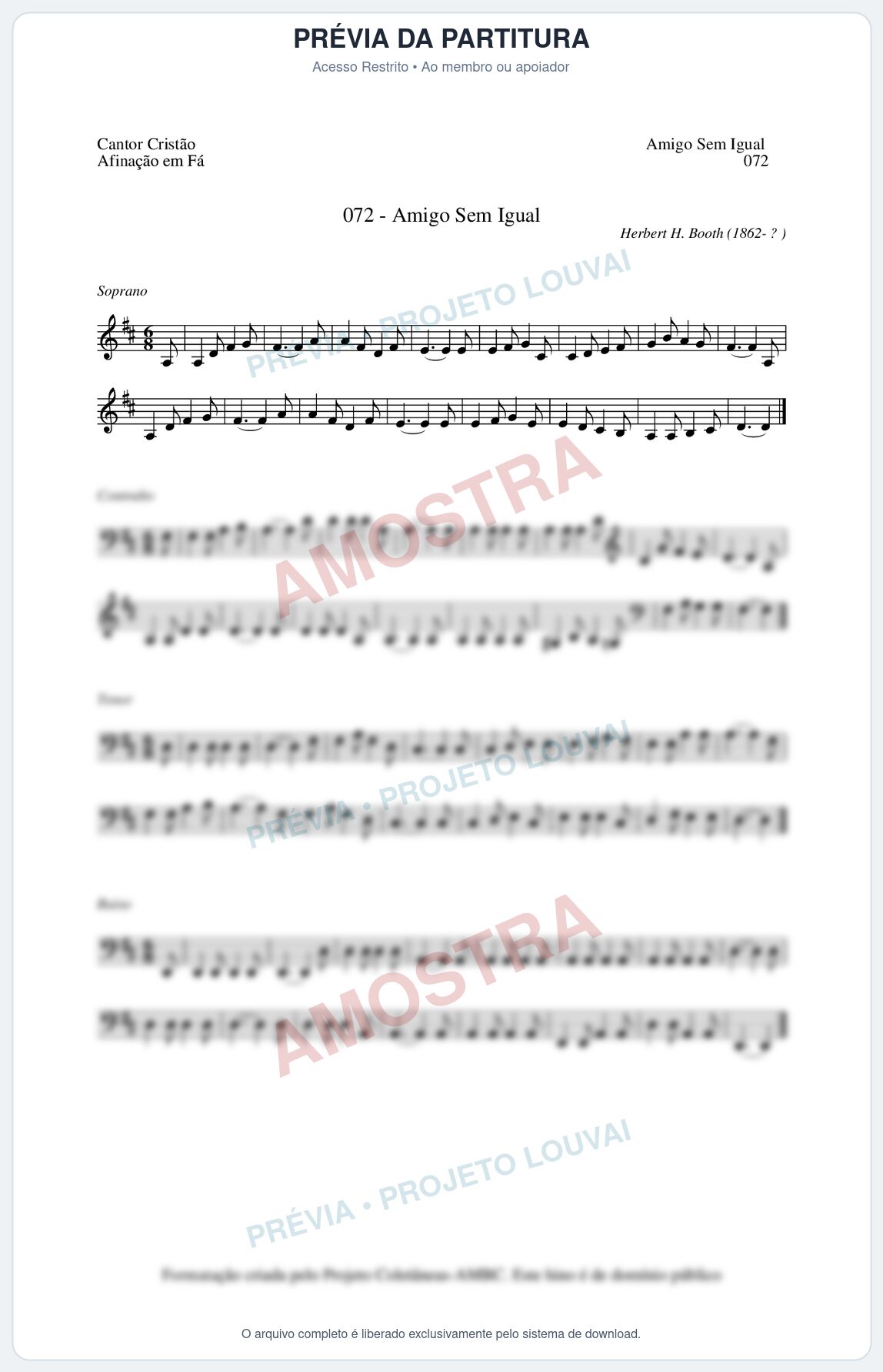Prévia protegida da primeira página da partitura Partitura da música Amigo Sem Igual (Cantor Cristão nº72) - Cantor Cristão - Tom D