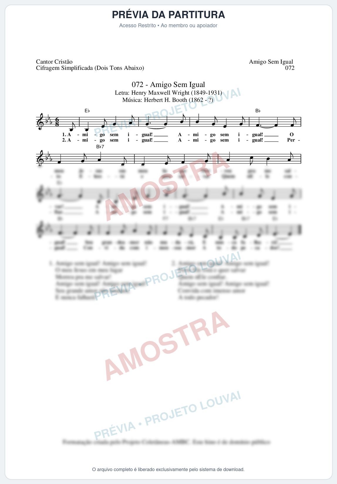 Prévia protegida da primeira página da partitura Partitura da música Amigo Sem Igual (Cantor Cristão nº72) - Cantor Cristão - Tom Eb