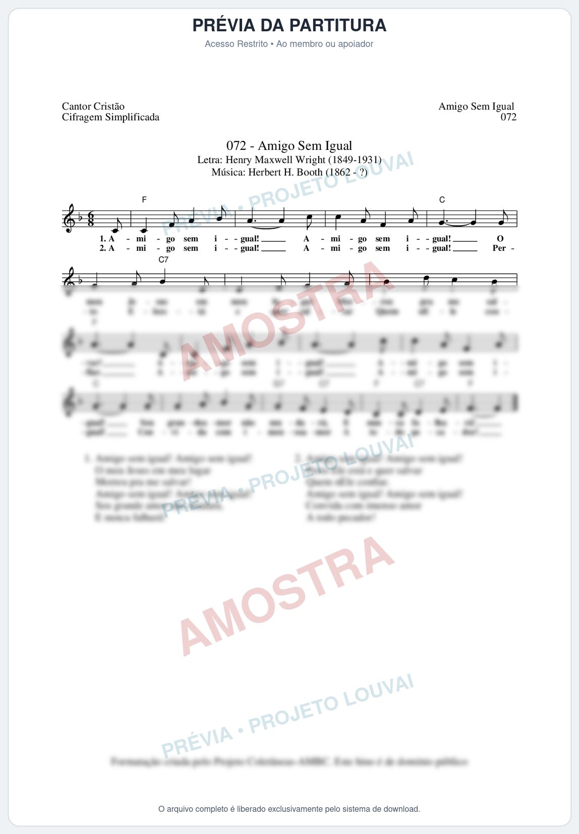 Prévia protegida da primeira página da partitura Partitura da música Amigo Sem Igual (Cantor Cristão nº72) - Cantor Cristão - Tom F