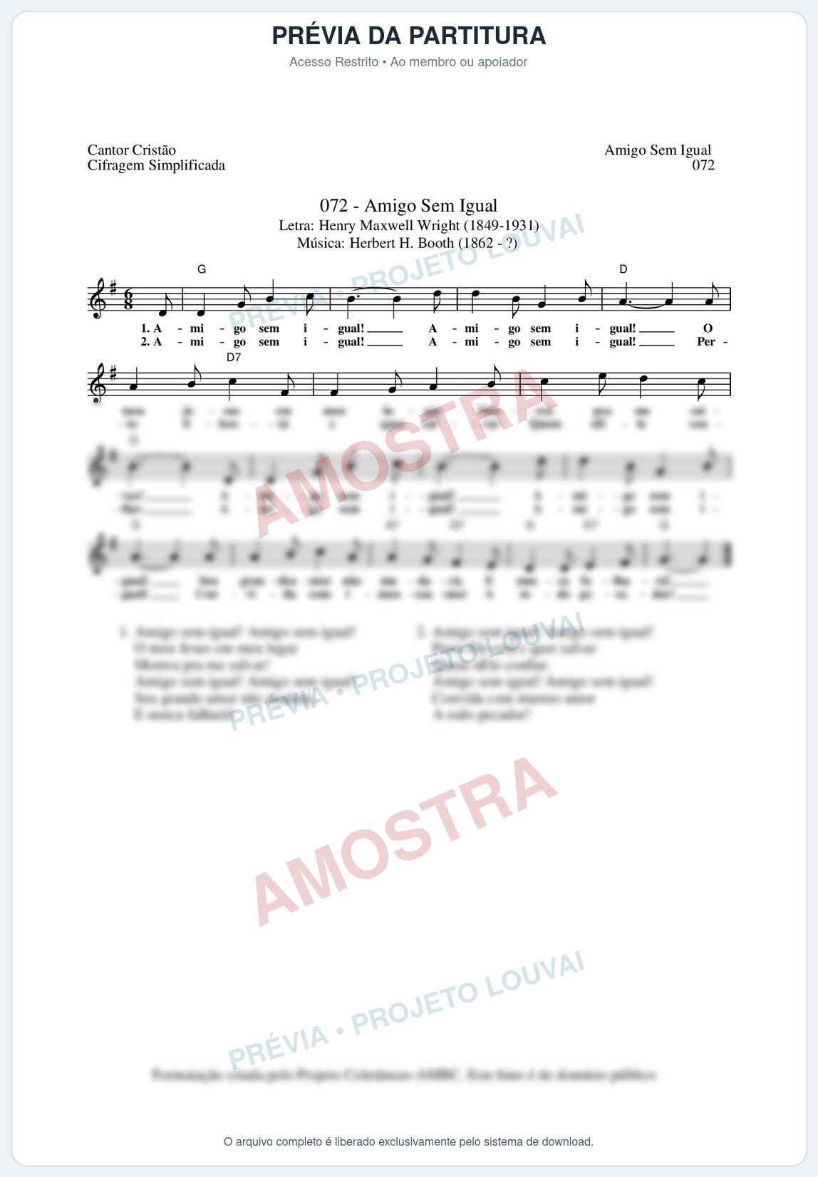Prévia protegida da primeira página da partitura Partitura da música Amigo Sem Igual (Cantor Cristão nº72) - Cantor Cristão - Tom G