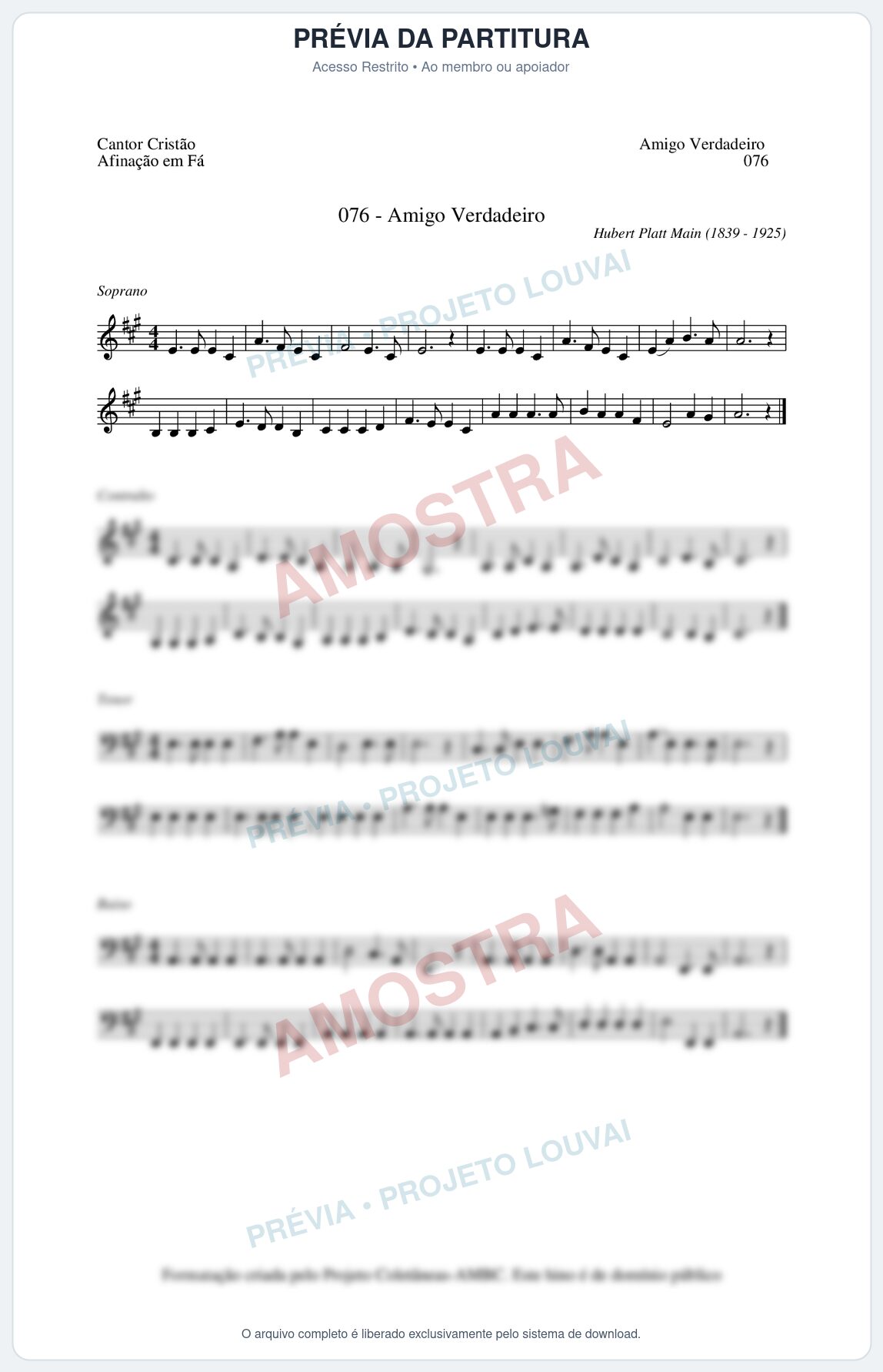 Prévia protegida da primeira página da partitura Partitura da música Amigo Verdadeiro (Cantor Cristão nº76) - Cantor Cristão - Tom A